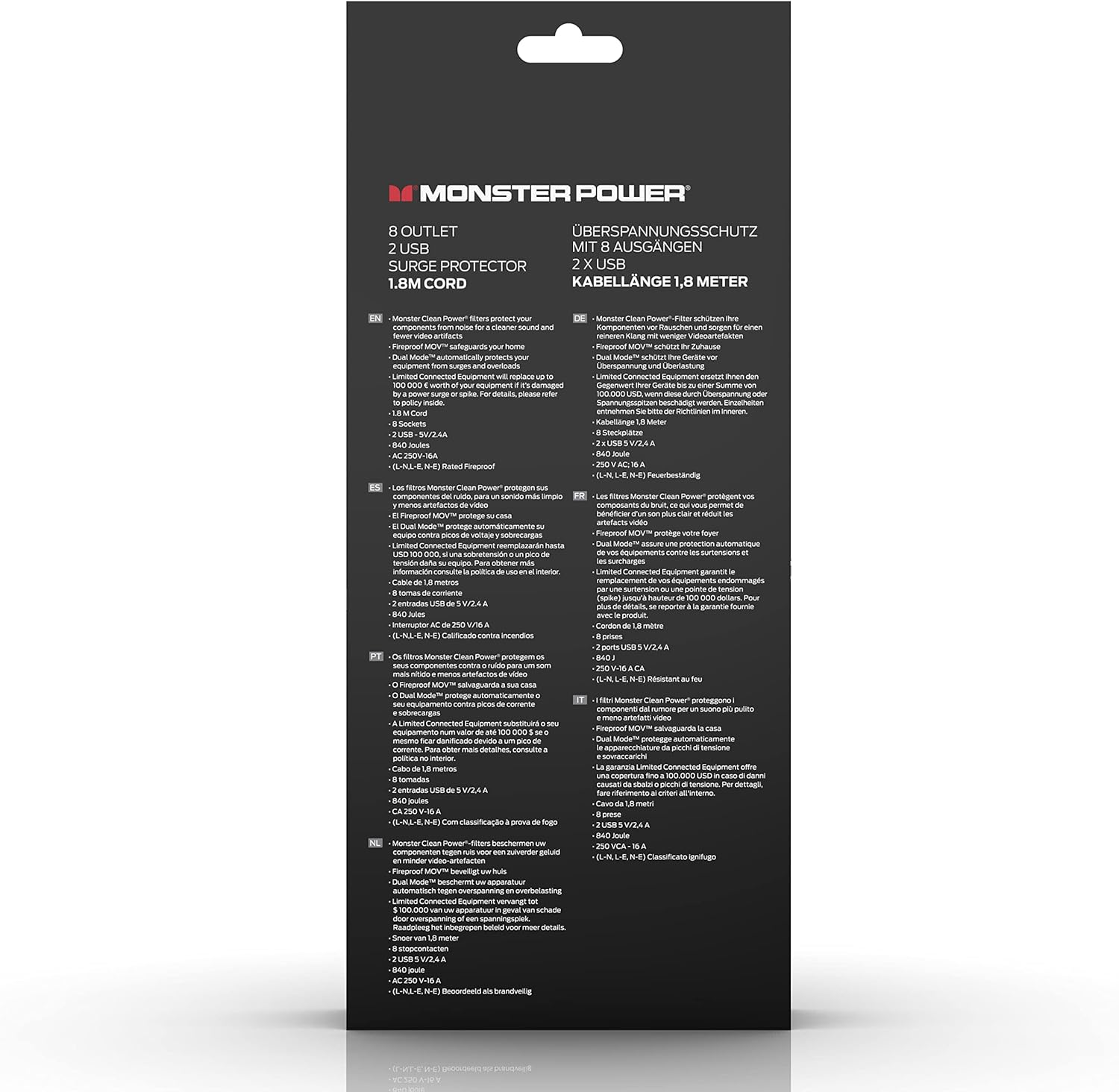 Monster - Power Strip - 8-Way + 2 USB with Switch - 1.8 M - Black image number 3