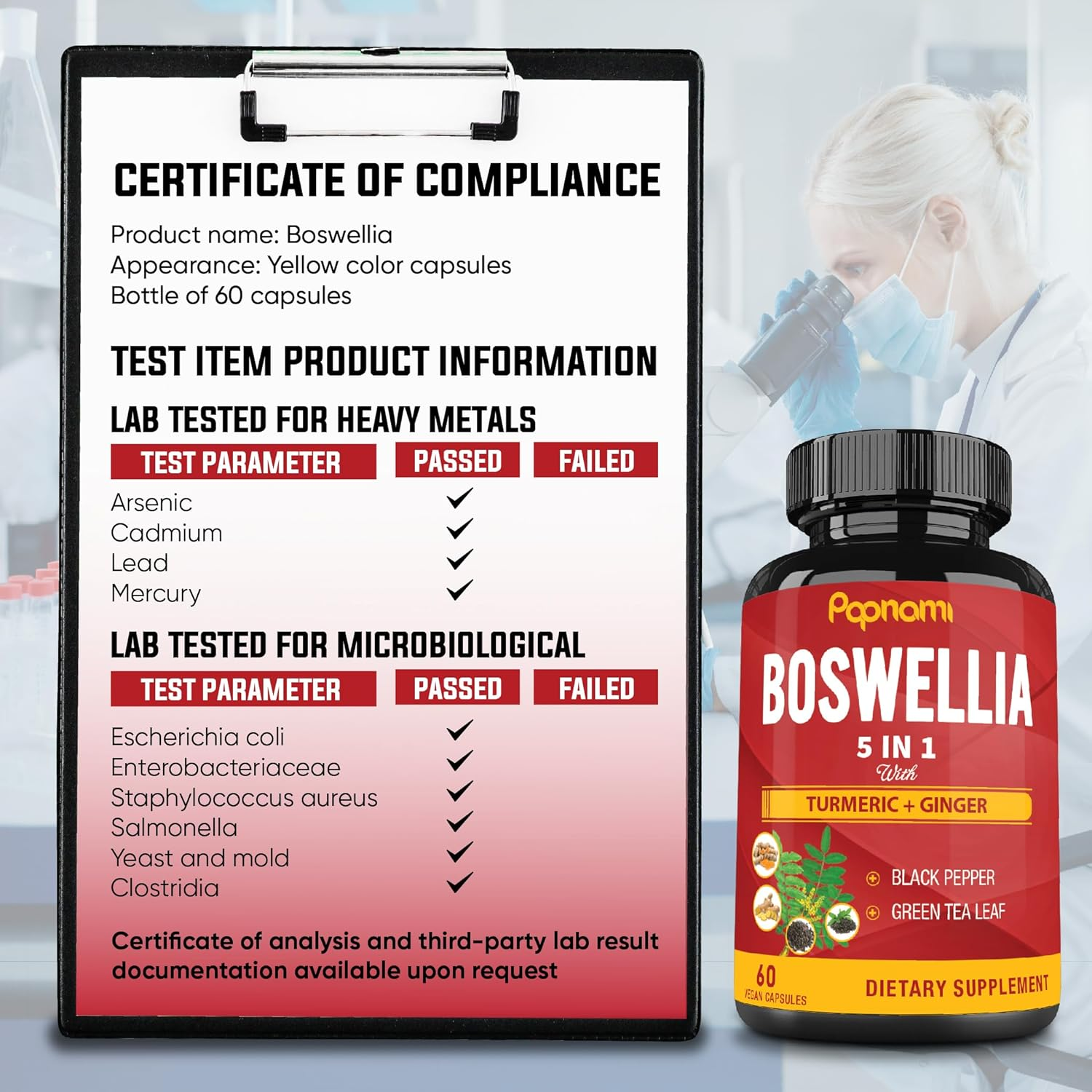 Organic Boswellia Serrata Extract Capsules with Turmeric Curcumin, Ginger, Black Pepper, Green Tea Powder - 60 Vegan Capsules image number 6