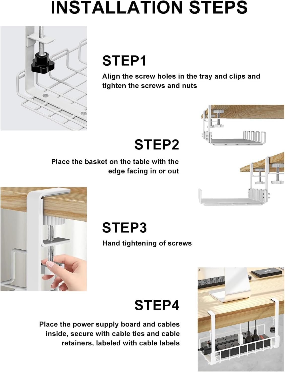 NOAEOU under Desk Cable Management Tray, Super Sturdy under Desk Wire Management Organizer,Clamp Install Metal Cord Management Rack,Perfect for Office Home,15.7In Cable Tray Basket (White)
