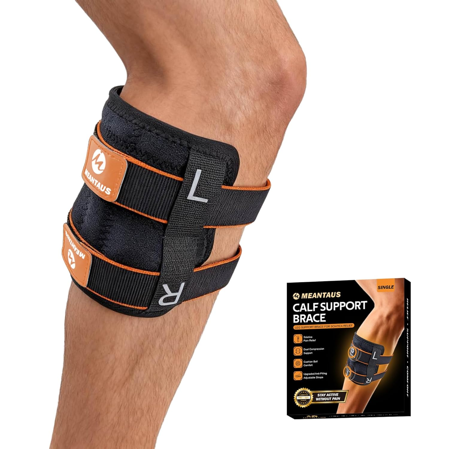Calf Support Brace for Sciatica Pain Relief &ndash; Adjustable Leg Compression Brace with Dual Pads, Aluminum Bar, Anti-Slip Fabric, and Massage Ball for Effective Nerve Pain Relief in the Lower Back, Hip, and Calf(Orange)