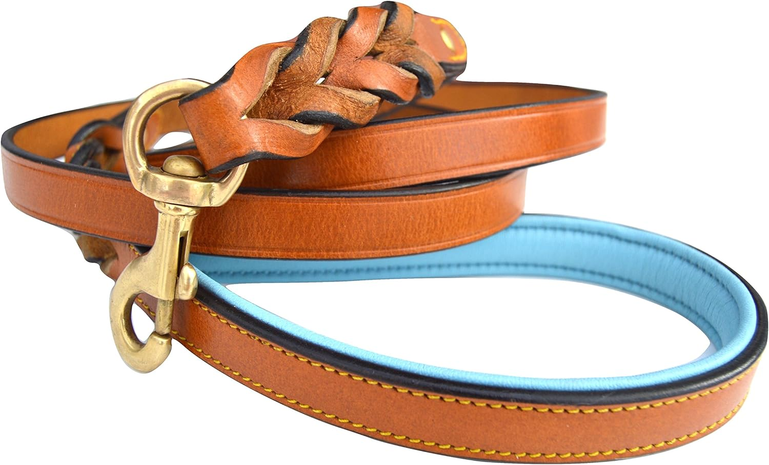 Soft Touch Collars Leather Braided Dog Leash, Tan with Teal Padded Handle, 6Ft Long X 3/4" Inch Wide image number 2