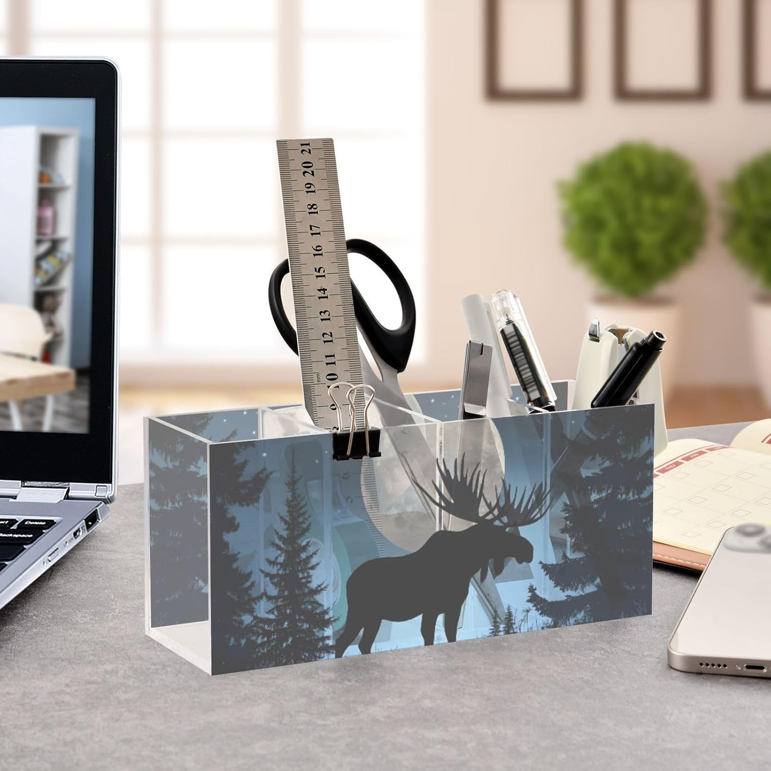 Silhouette Moose Moon Acrylic Pen Holder 4 Compartments, Pencil Holder for Desk, Makeup Brush Holder, Office Desk Storage Organizer for Dorm, Home, Desk Accessories image number 5