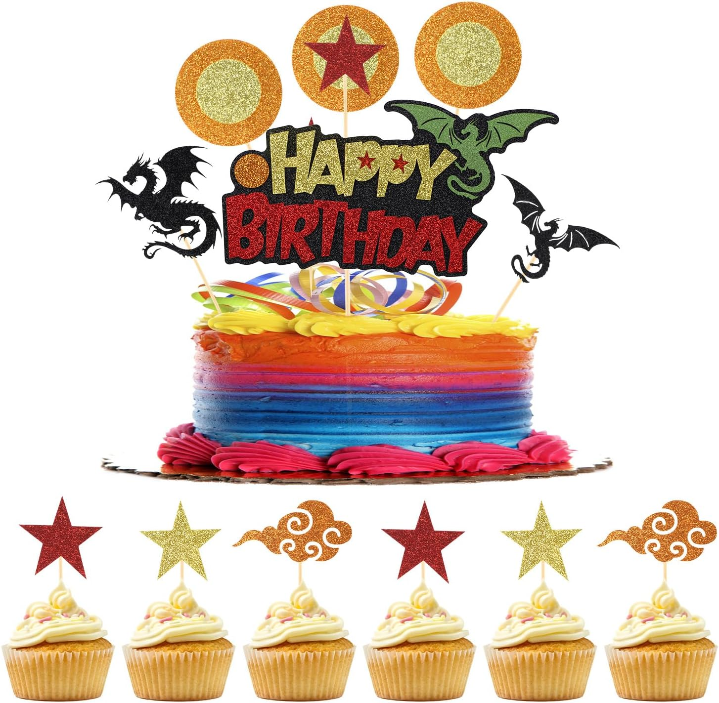 1Pc Cartoon Happy Birthday Cake Topper + 12Pcs Cupcake Toppers, Glitter Cake Topper Decorations Dragon Stars Circle Anime Cartoon Cupcake Picks for Themed Birthday Party Supplies Boys Girls image number 5