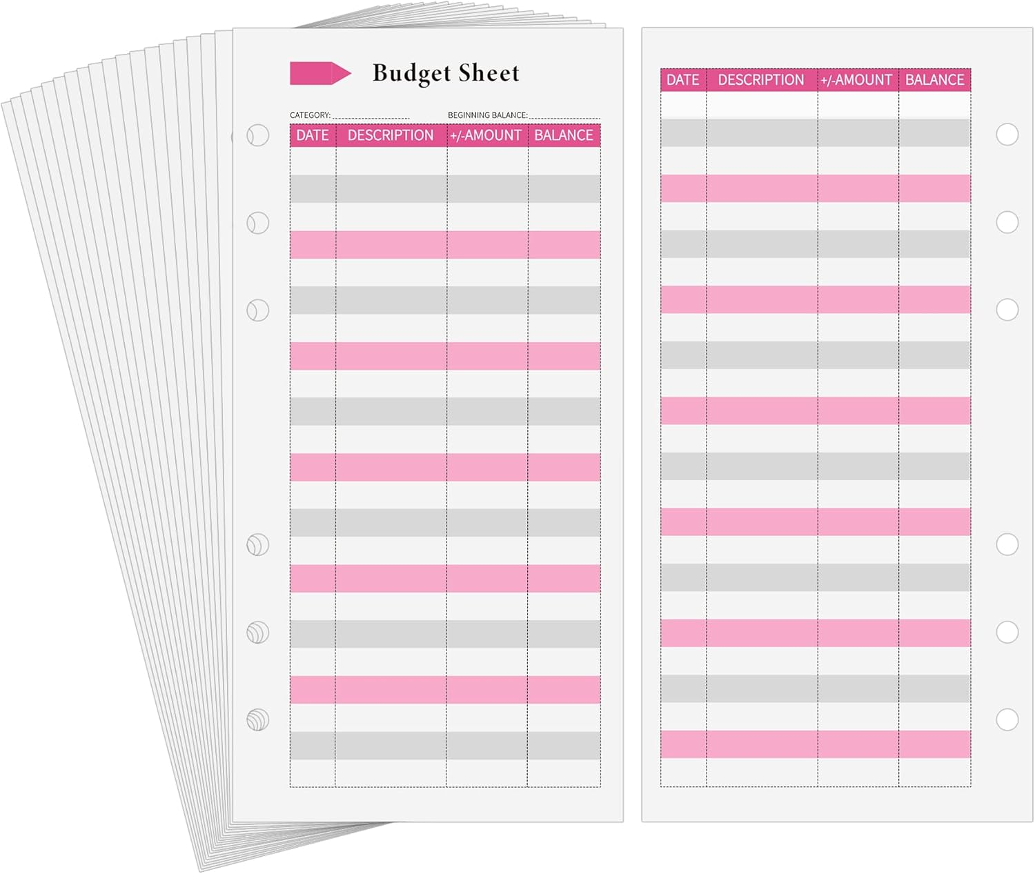 Ndsox 60PCS A6 Budget Sheets for Budget Planner Binder, 6-Holes Expense Budget Tracker Sheets, Spending Tracker Sheets, A6 Budget Binder Inserts Cash Ledger Book Wallet Bill Organizer, Pink