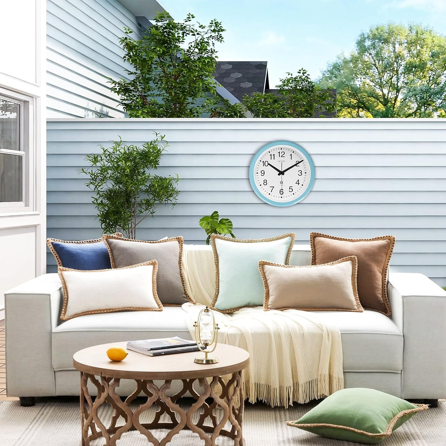 OCEST Sealed Waterproof Garden Wall Clock, 12 Inch Large Indoor Outdoor Clocks, Silent Non-Ticking Battery Operated Quartz round Decor for Patio,Bathroom, Pool, Lanai, Porch (Blue)