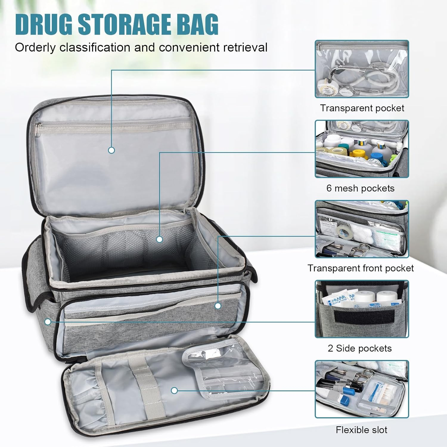 Medical Bag-Empty First Aid Bag, Emergency Kit, Nurse Bag, Large Capacity Medicine Organizer with Multiple Compartments for Home Visits, Home, Travel (Grey) image number 5