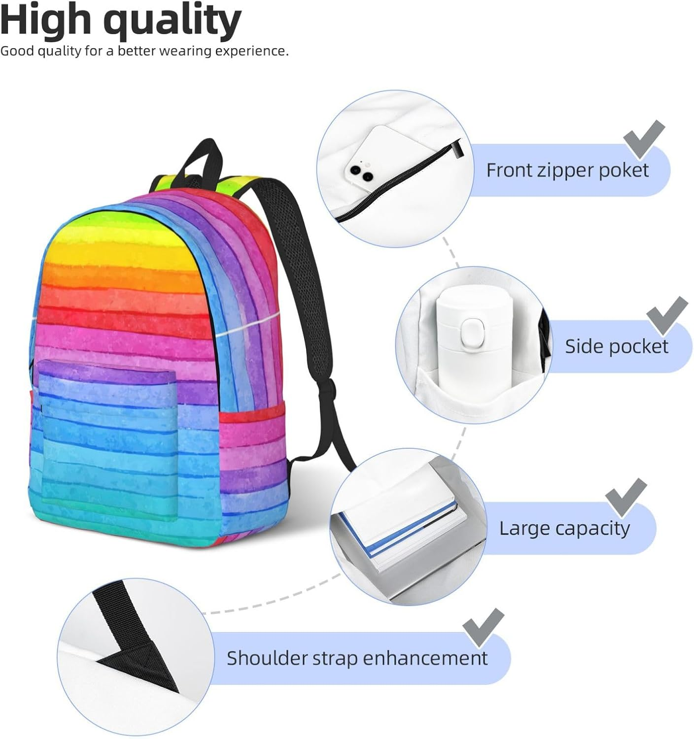 Casual Backpack,School Backpack Waterproof Casual Backpack Cute Laptop Backpack Travel Daypack,Rainbow Colored Striped Print