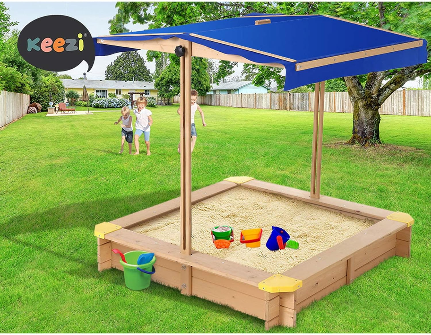 Keezi Kids Sandpit, Wooden Water Table Sand Pit Play Toys Sandcastle Garden Patio Beach Activity Outdoor Toy Games, with Adjustable Canopy Ground Sheet Large Seat Blue image number 4