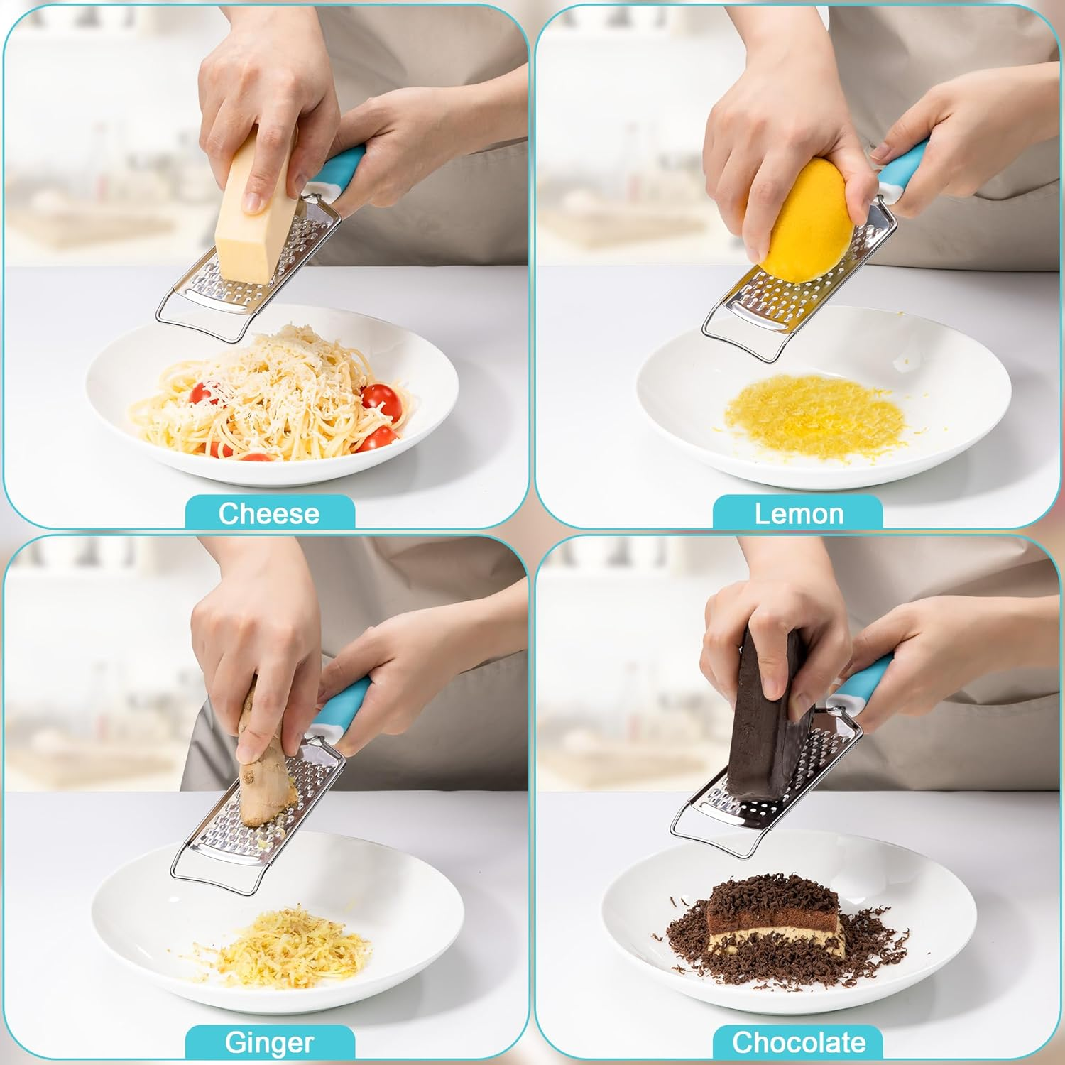 Rainspire Professional Cheese Graters for Kitchen Stainless Steel Handheld, Metal Lemon Zester Grater with Handle for Cheese, Chocolate, Spices, Kitchen Gadgets Tools, Soft Grip Handle (Blue) image number 5