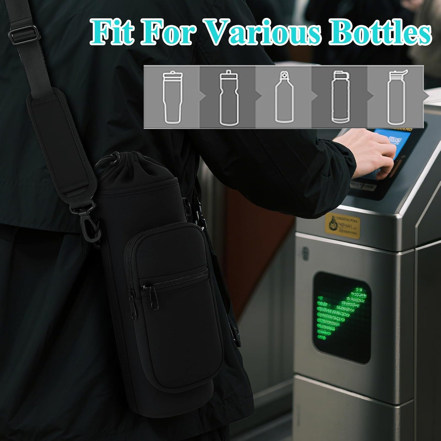 Pacify Water Bottle Carrier Bag 34Oz Water Bottle Shoulder Carrier Crossbody Sling Water Bottle Holder with Strap 2 Phone Pockets for Hiking Travelling Camping image number 3