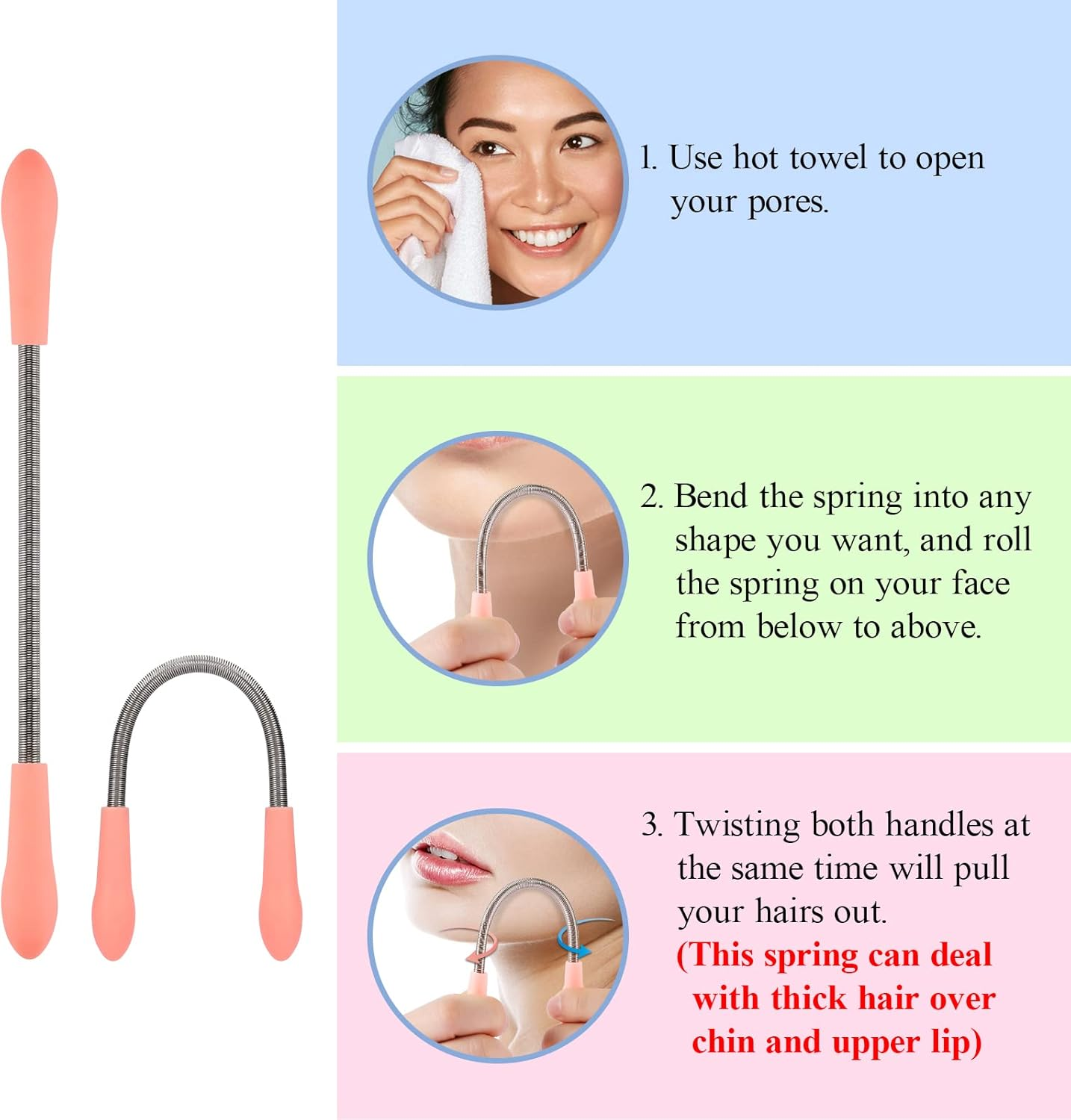 Spring Hair Remover - 4 Pack Stainless Steel Spring Epilator - Facial Hair Remover for Women Face, Chin Hair, Upper Lip Hair, Women Mustache - Red image number 2