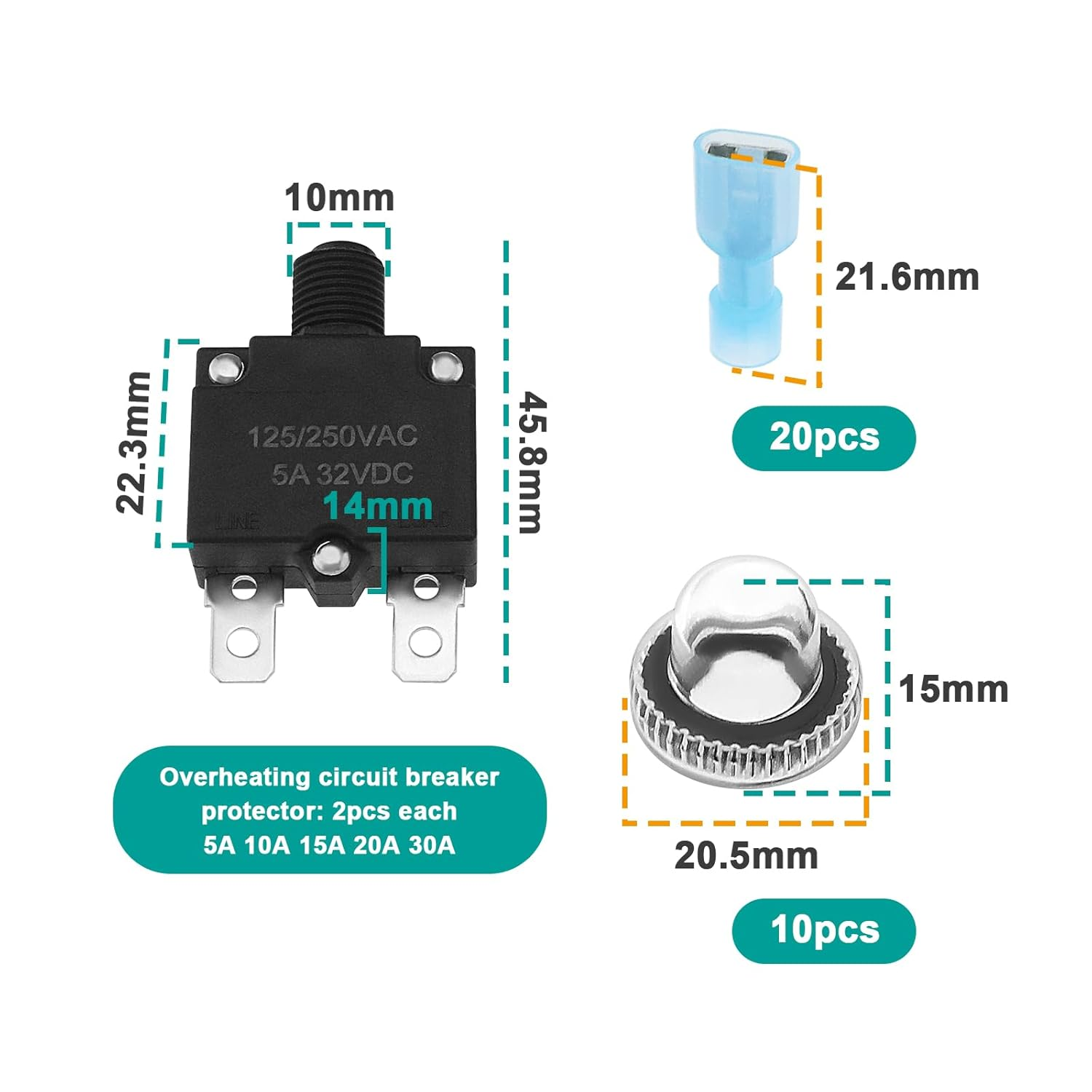 VGOL 10Pcs 5 Sizes Thermal Circuit Breaker with Quick Connect Terminals and Button Caps Assortment Kit Push Button Manual Reset for Switch Operation image number 3