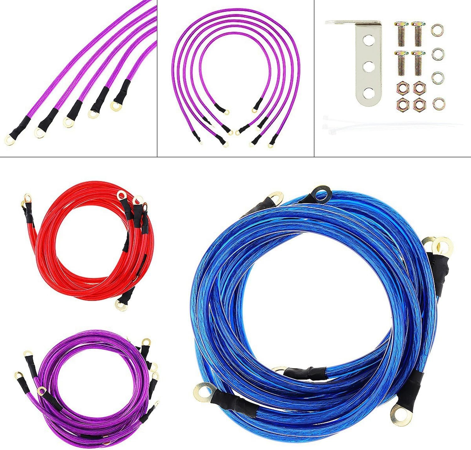 5 Point Car Universal Earth Ground Cables Grounding Wire System Kit High Performance Improve Power for Car Truck (Red)