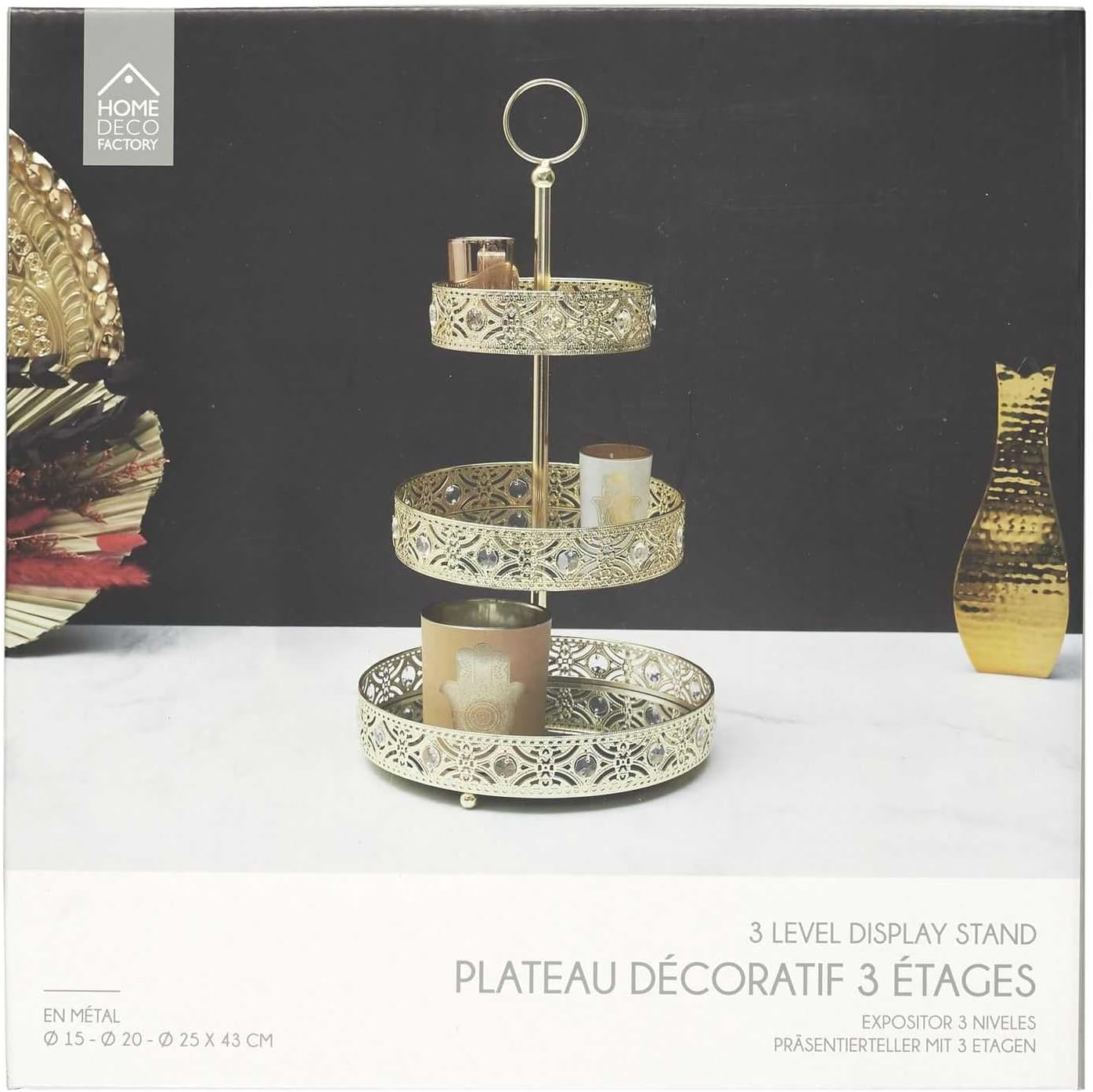 HOME DECO FACTORY, KA0112, Decorative Gold Metal Tray with Three Tiers, Ideal for Presenting Objects, Easy to Maintain, Design Inspired by Oriental Motifs, 3 Tiers, Gold