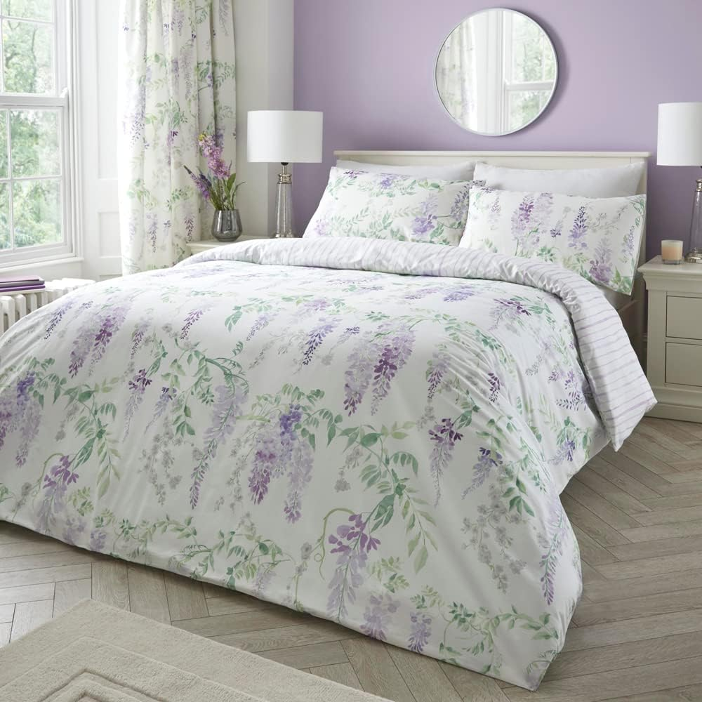 Dreams & Drapes - Purple Floral Wisteria Duvet Cover - King Bedding Size (230 X 220Cm) - Reversible Design (Purple Stripe) - Easy Care & Washable - Flower Duvet Cover in Lilac/Lavender Colour