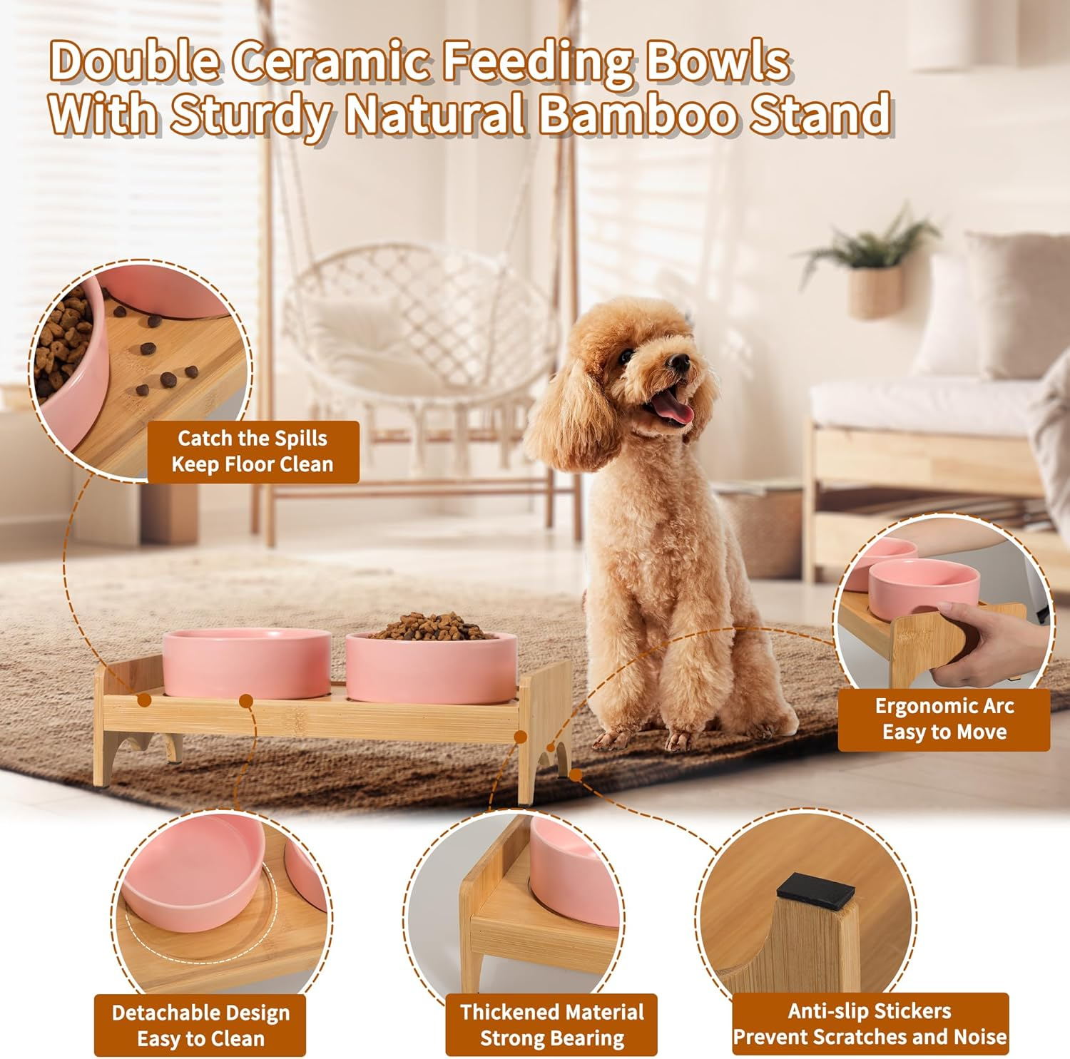 Elevated Ceramic Dog Bowl Set - Double Raised Dog Food and Water Bowls with Bamboo Stand - Pet Dishes for Cats and Puppies - 16.23 OZ - 2 Cups image number 4