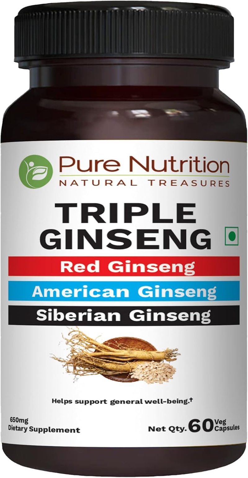 Pure Nutrition Triple Ginseng - Unique and Effective Combination of Red Ginseng, American Ginseng and Siberian Ginseng. 790Mg per Capsule | 60 Veg Caps Pack image number 2