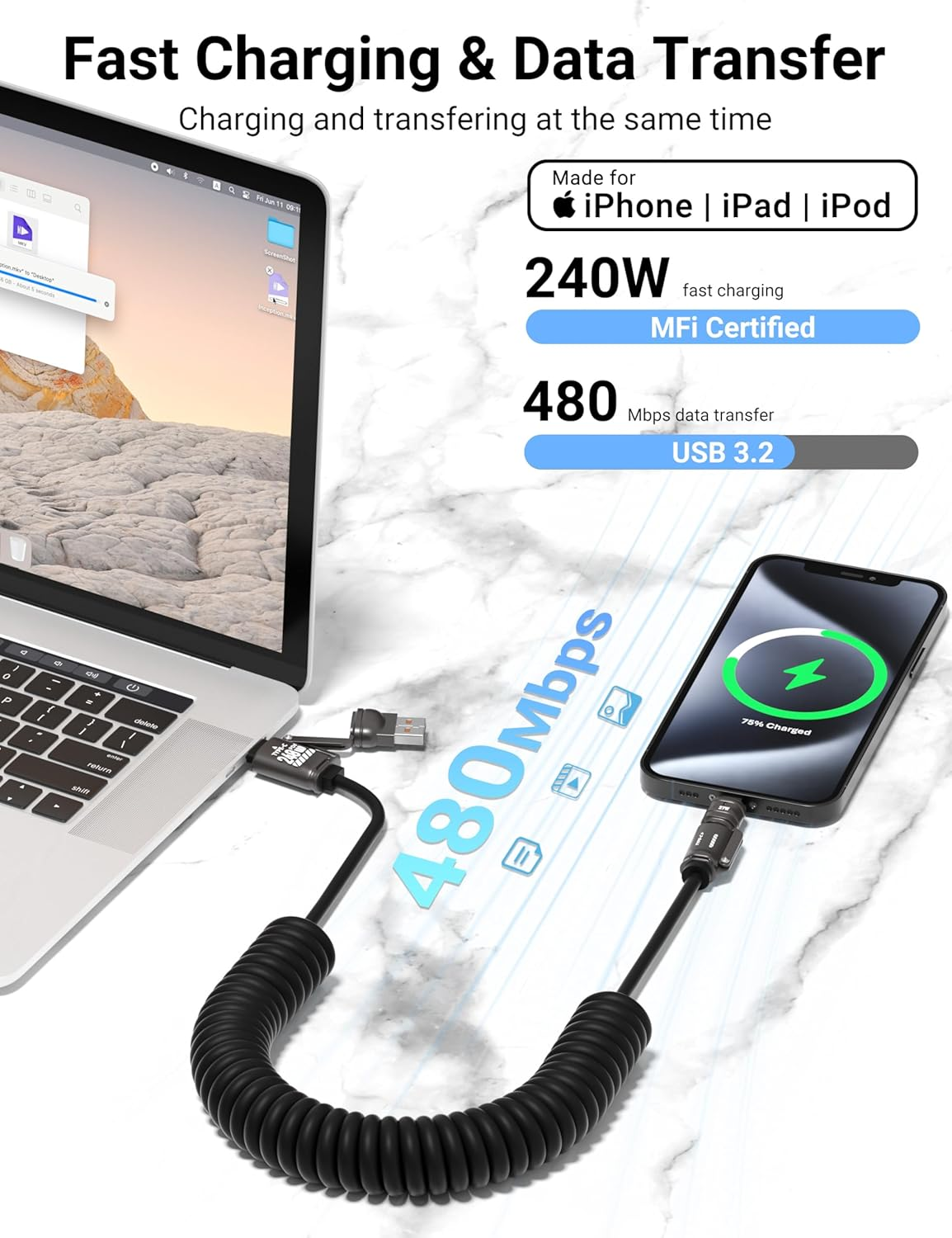 BELAROI 240W 4-In-1 Coiled Charging Cable&ndash;Zinc Alloy Fast Charger with PD 27W/65W/240W, 2M Retractable Cable(Usb-C/A & USB-C/L), Compatibility for Iphone 16/15/14, Laptops, Android, Carplay & Carlife image number 3