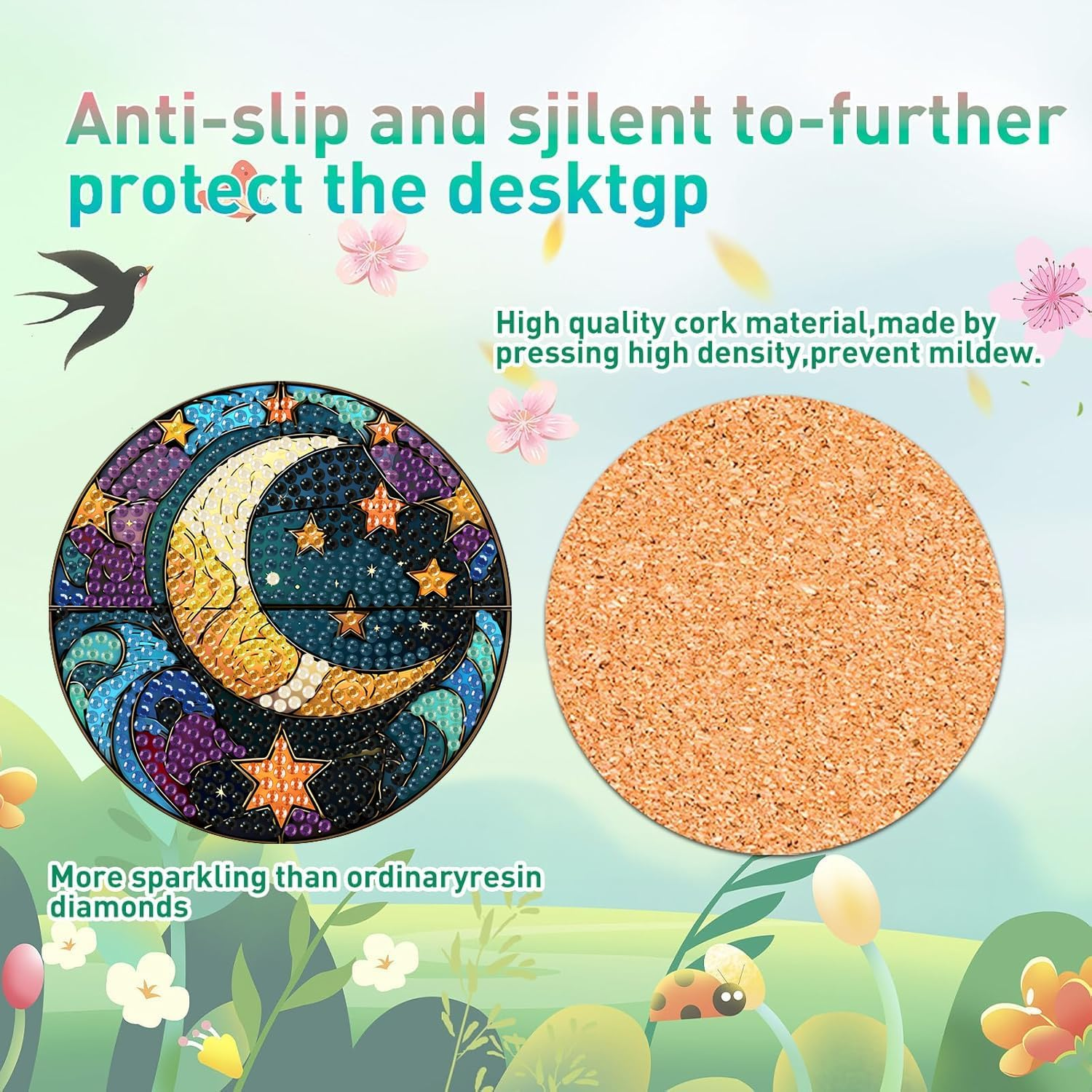 8 Pcs Diamond Art Coasters Moon Diamond Painting Coasters Kits with Holder Cork Pads DIY Moon Diamonds Art Painting Coaster Set for Adults Beginners Crafts Supplies image number 5