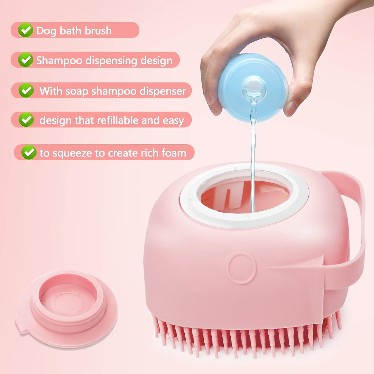 Dog Cat Bath Brush, with Soap and Shampoo Dispenser Dog Grooming Brush Massage Brush Soft Silicone Rubber Bristle for Short Haired Dogs Cats Shower (Pink) image number 4