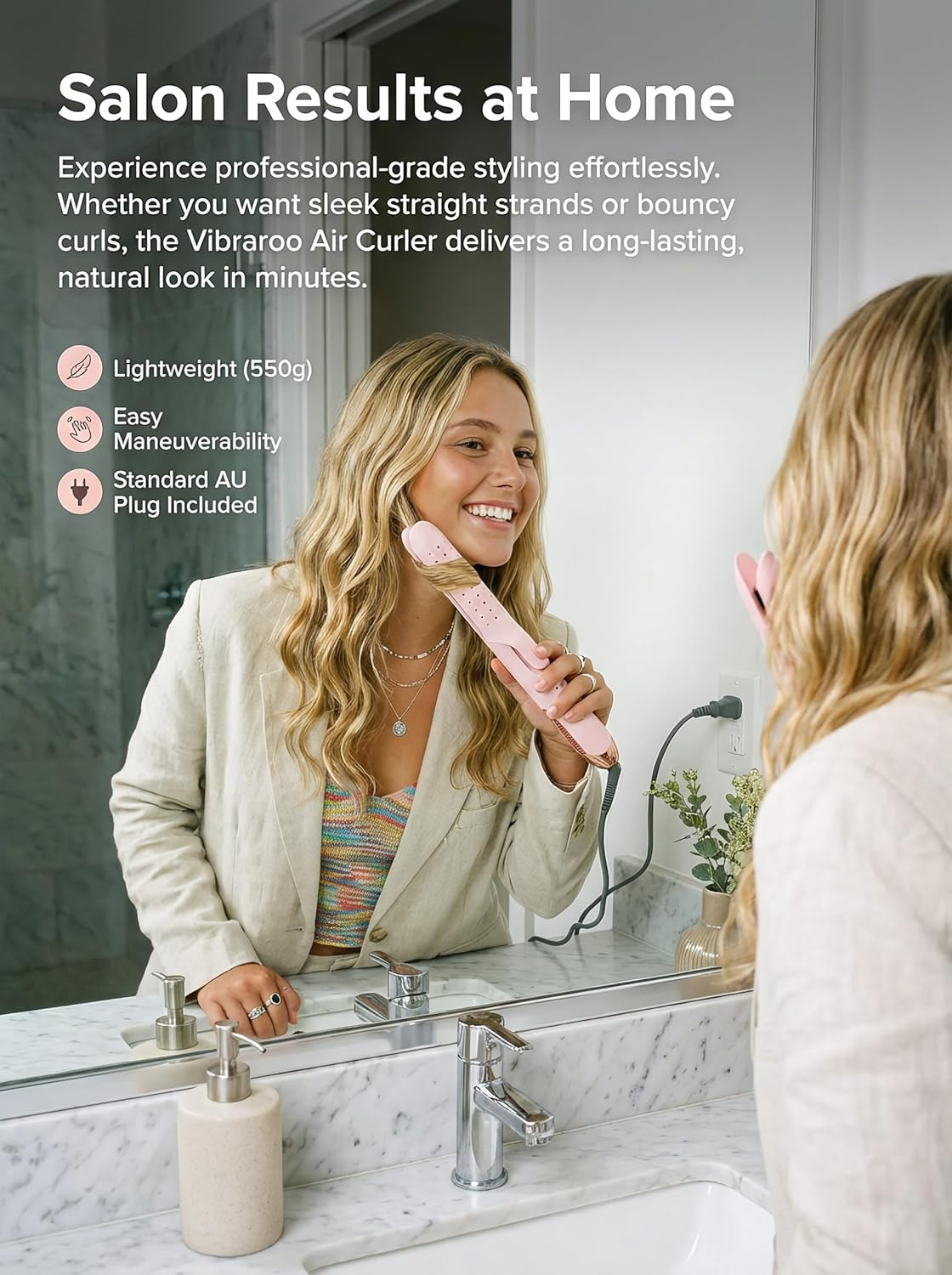 Cool Air Styler 2-In-1 Hair Straightener and Curler | 360&deg; Airflow for Damage-Free Styling & Long-Lasting Hold, Ionic Anti-Frizz Tech AU Plug (Pink) image number 2
