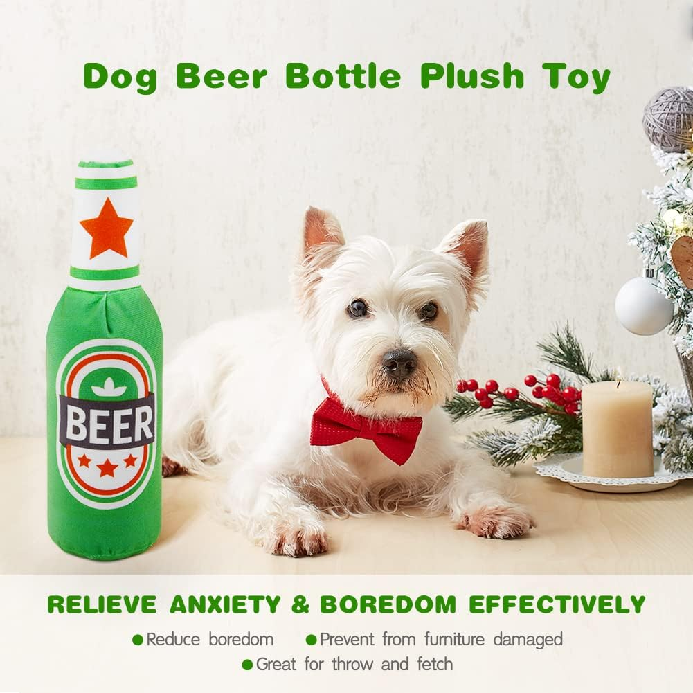 Vsshe Beer Bottle Plush Toys, 1 Pack Pet Plush Squeaky Dog Toy, Champagne Shape Dog Squeaky Chew Toys, Interactive Safe Doll Game Dogs Birthday Toys for Small, Medium, Large Dogs and Other Pets, Green