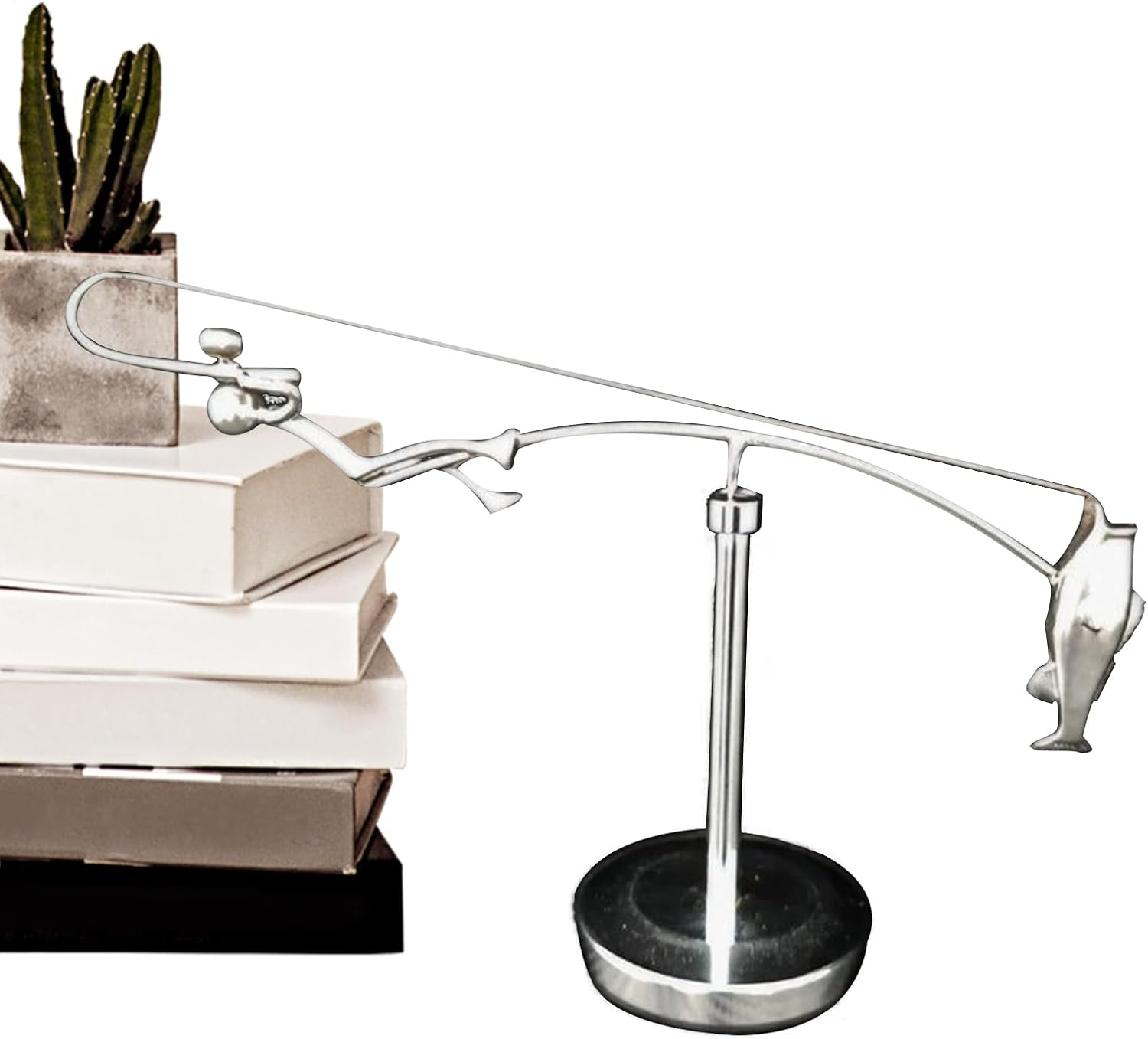 Swinging Fisherman Sculpture,Metal Swinging Sticks Fishing Balancing Statue,Moving Fishing Desktop Decoration for Art Collectors Fisherman Decor image number 1