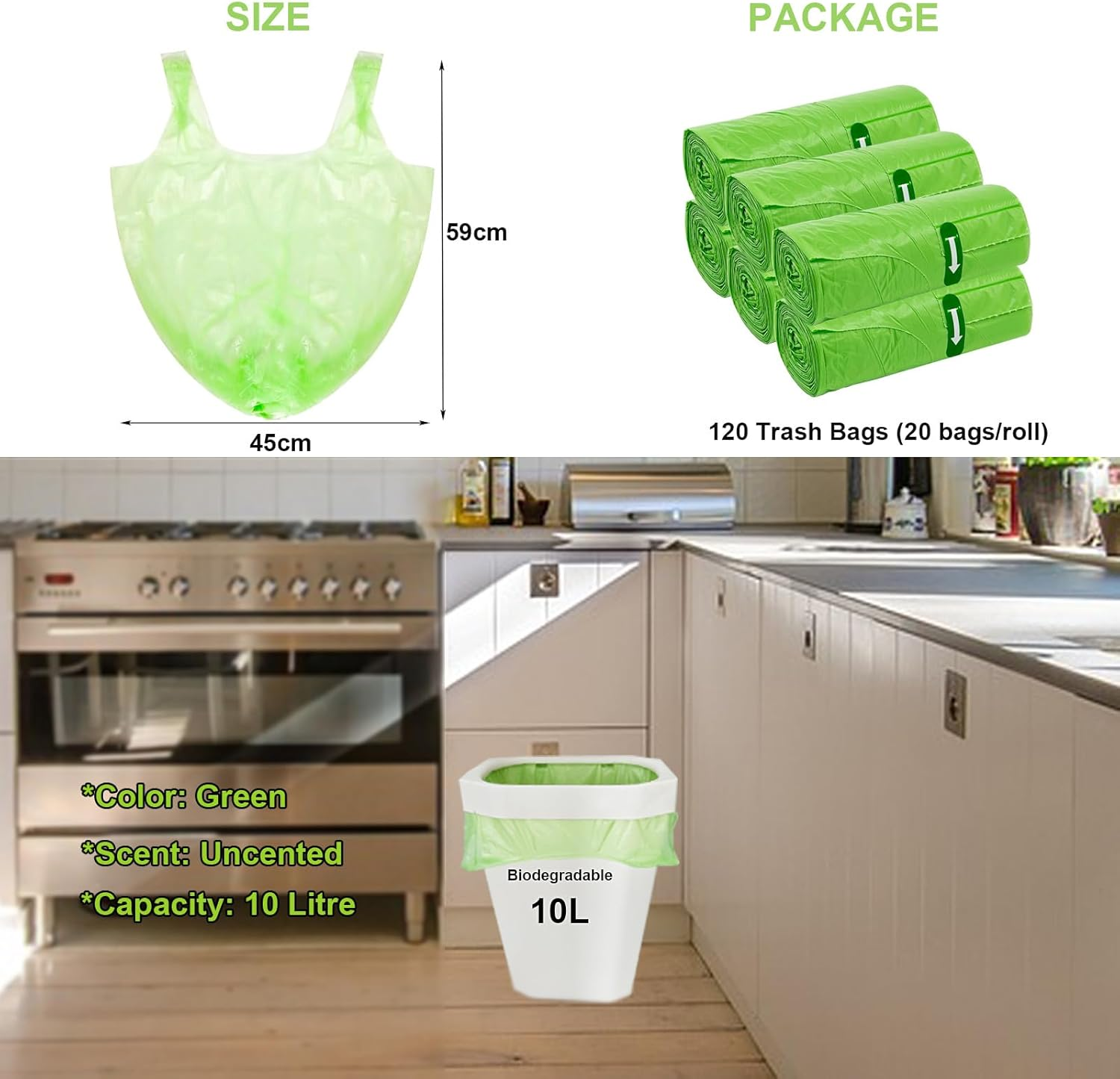 Kitbest Biodegradable Bin Bags Liners 120PCS, 10L Small Food Waste Bags Trash Bags with Handle, Green Caddy Liner Pedal, Compostable Swing Garbage Bags Bathroom Office Toilet Kitchen (45X59Cm) - Green 20L image number 7