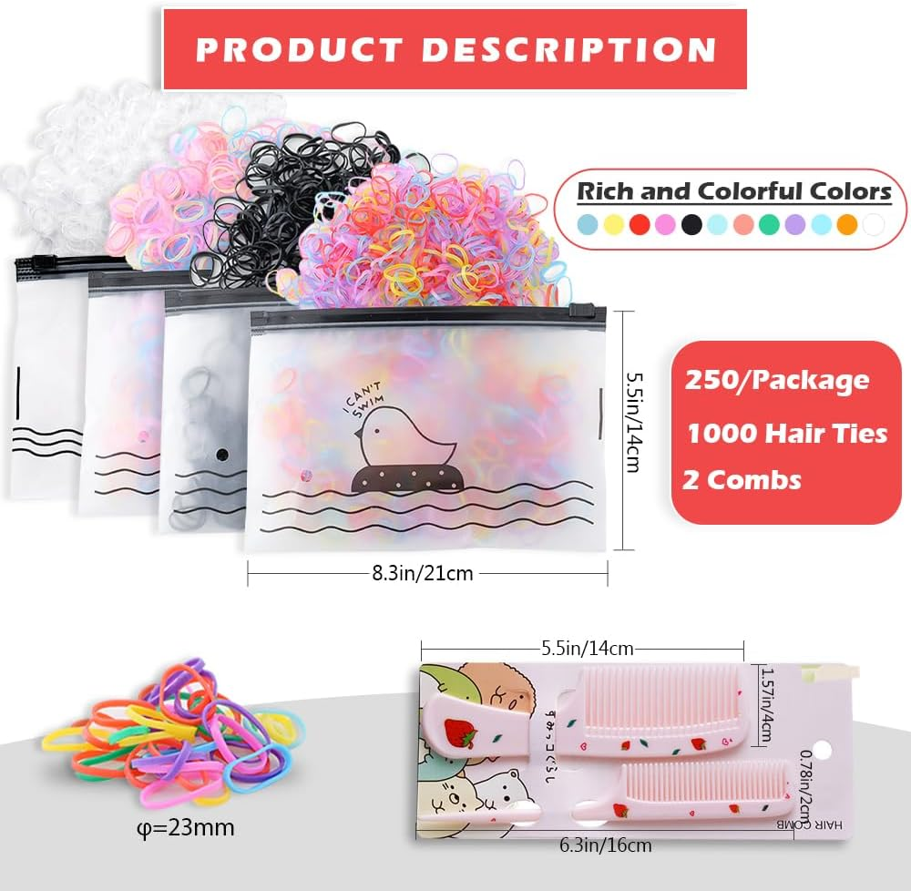 Hair Rubber Bands, 1000 Pcs Elastic Hair Ties Colorful Hair Ties for Baby Kids Girls Hair Elastics Ties for Thin or Thick Hair with 2 Pcs Combs, Multi Color image number 5