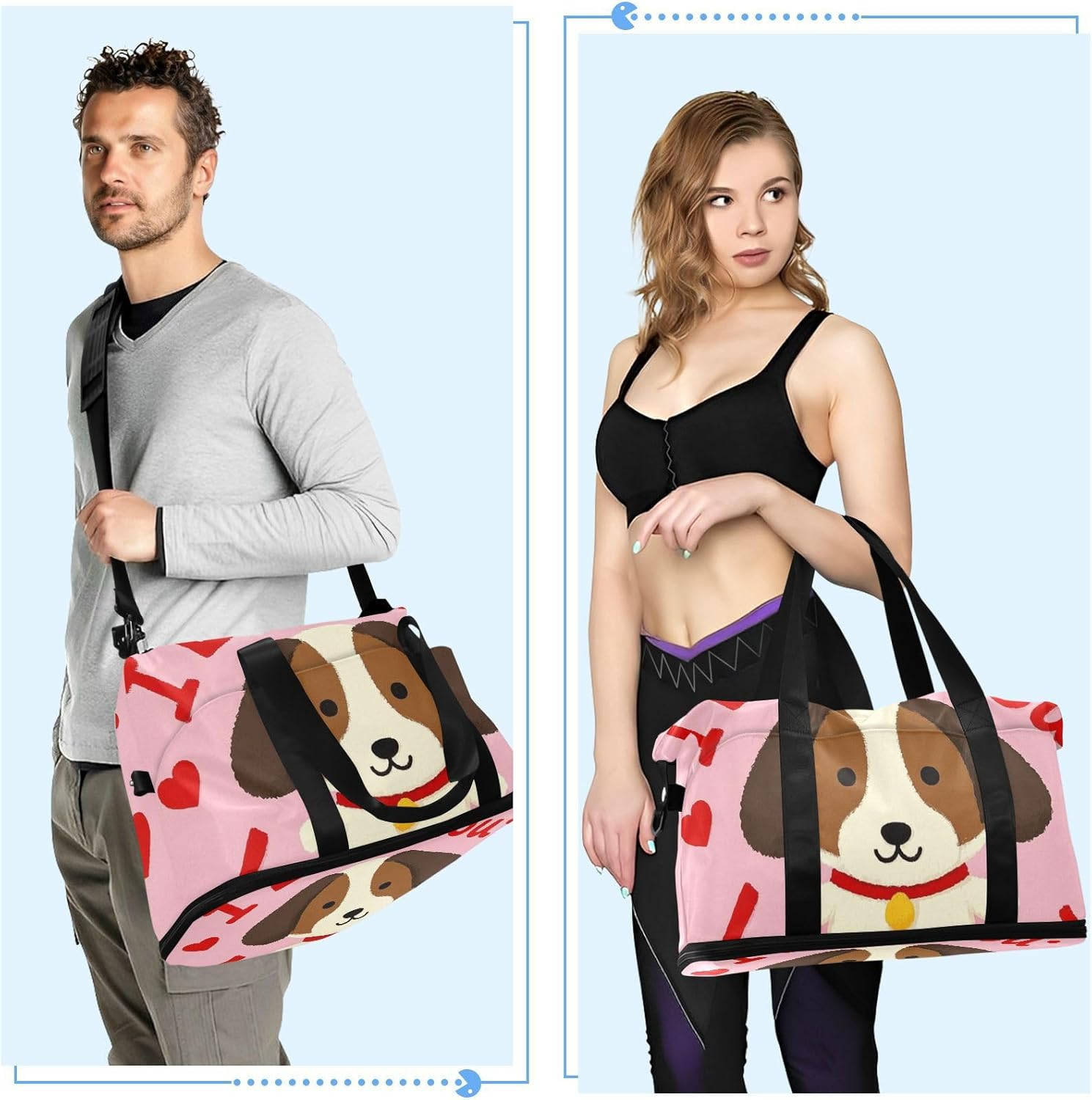 I Love Your Valentine Dog Travel Duffel Bags Travel Weekender Gear Bag with Toiletry Bag for Airplane Traveling Foldable, I Love Your Valentine Dog, 1 Size image number 3