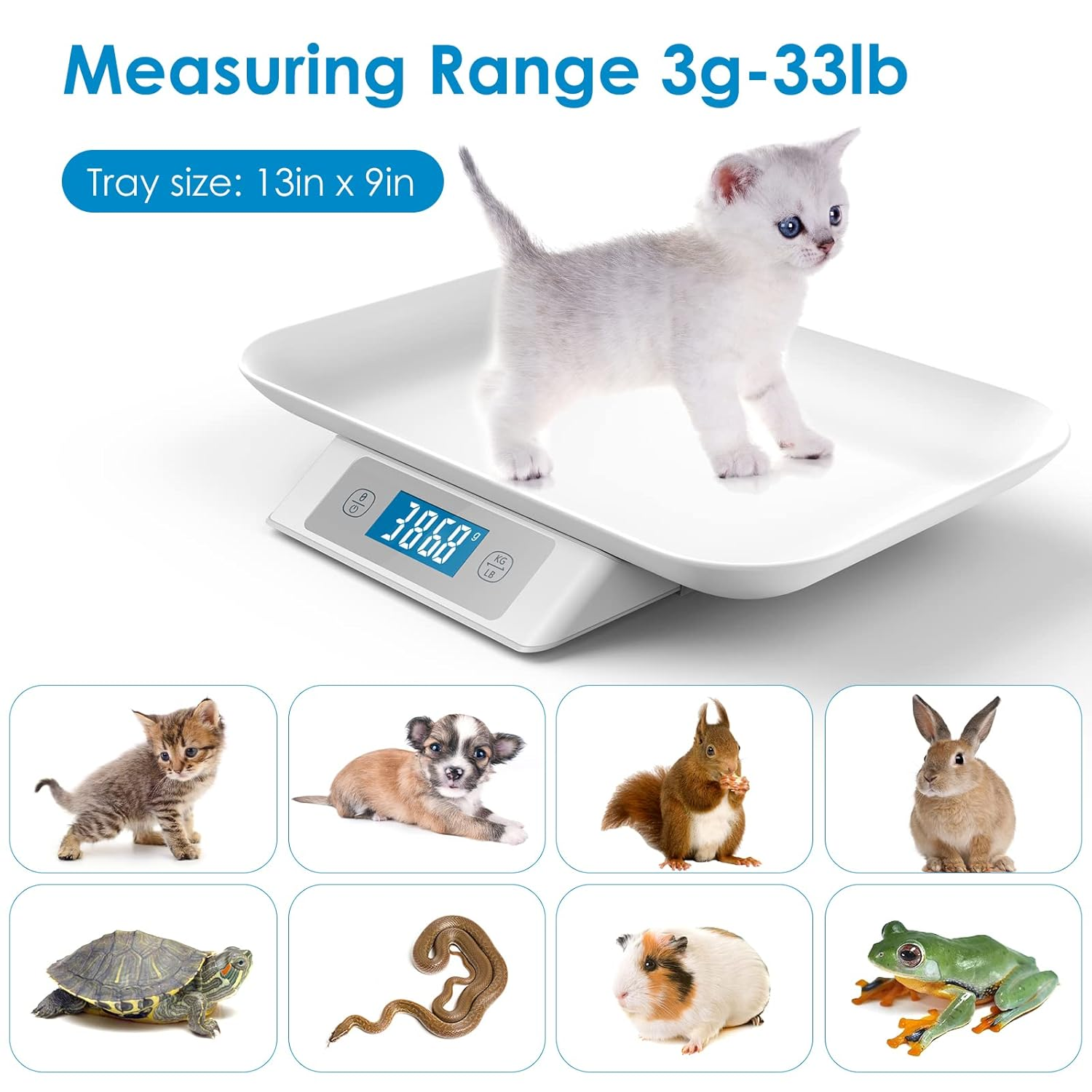 Digital Pet Scale for Adult Cats and Small Animals, Measuring Range 0.1Oz-33Lbs, Accuracy 1G/0.035Oz, Unit G/Kg/Lb/Oz/Tl/Ml, Suitable for Kitten Puppy Rabbit Snake Cats and Small Dogs image number 1