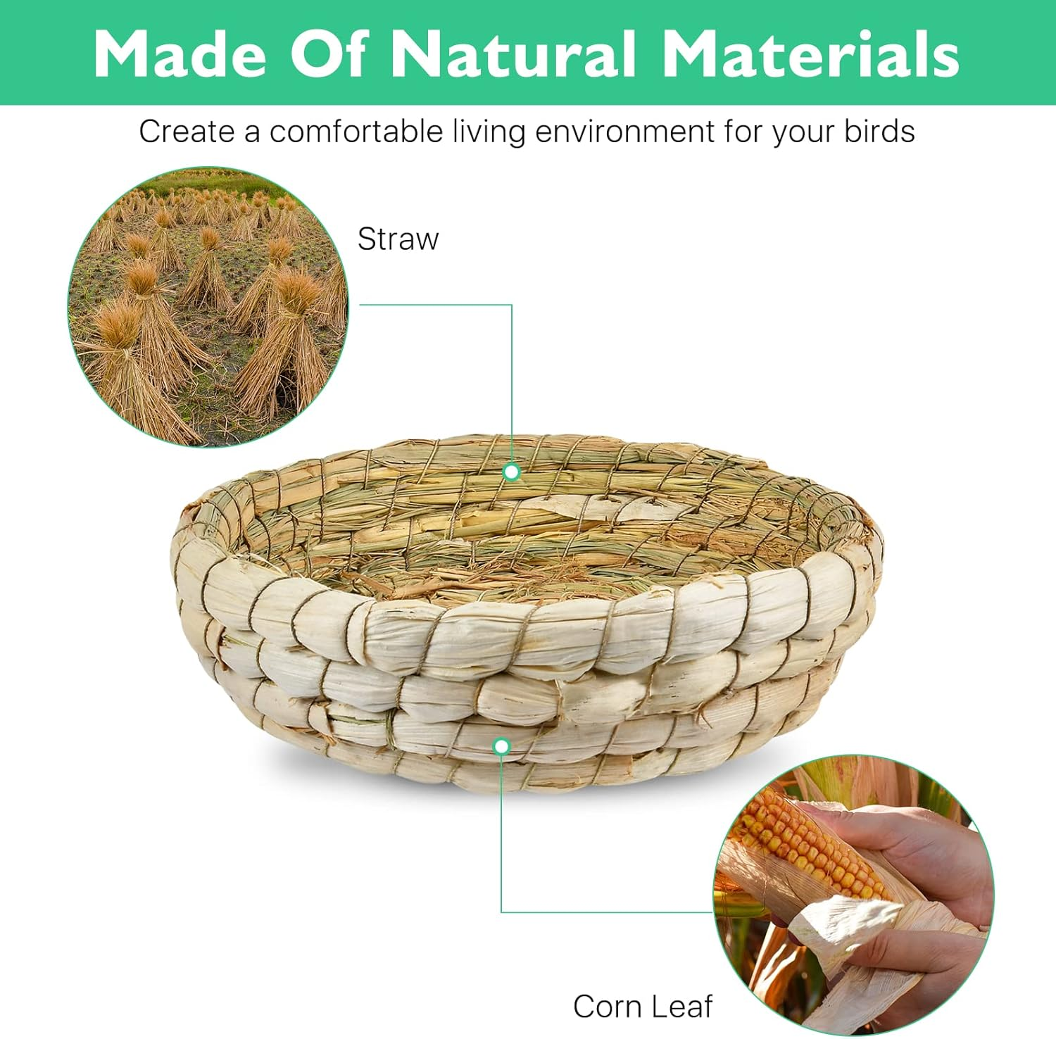 4 Pcs Bird Nest Handmade Woven, Small Animal Breeding Nest Bed with Corn Leaves Flat Base Natual Straw Bird House Cage Accessories for Dove Pigeon Parrot Sparrow