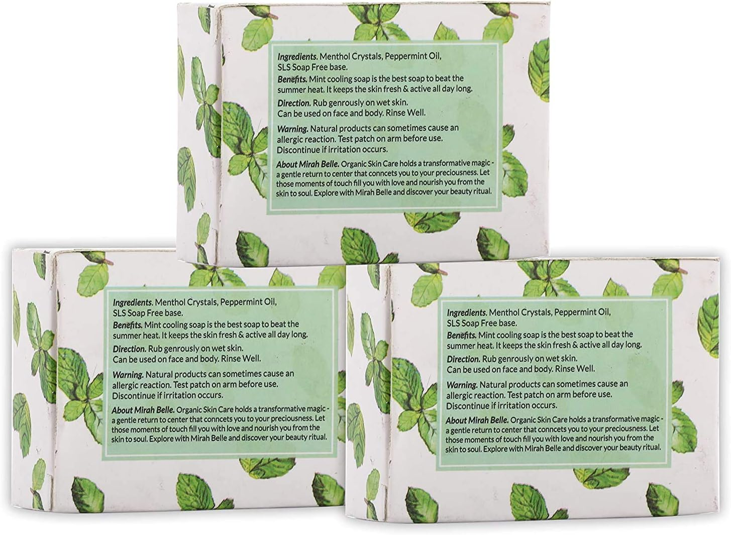 Mirah Belle - Organic Peppermint Cool and Refreshing Soap Bar (Pack of 3-125 Gm) - Best for Blemished, Acne Prone, Scarred Skin - Natural and Handmade Soap, 375 Gm image number 1