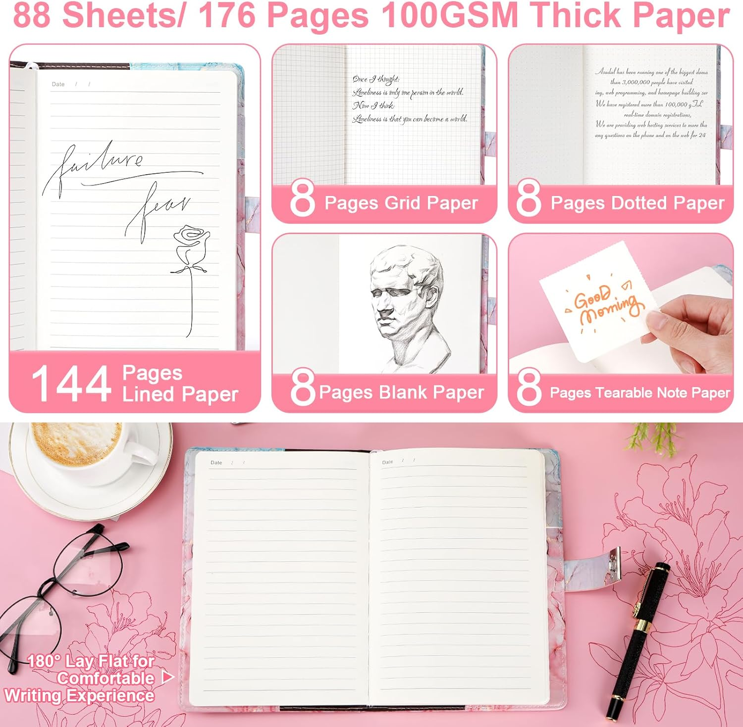 Toplive Marble Diary with Lock for Girls and Women, A5 Secret Journal with Lock, PU Leather A5 Password Notebook, Lockable Journal Diary Planner, for Girls Women, Marble Pink - Marble Pink image number 5