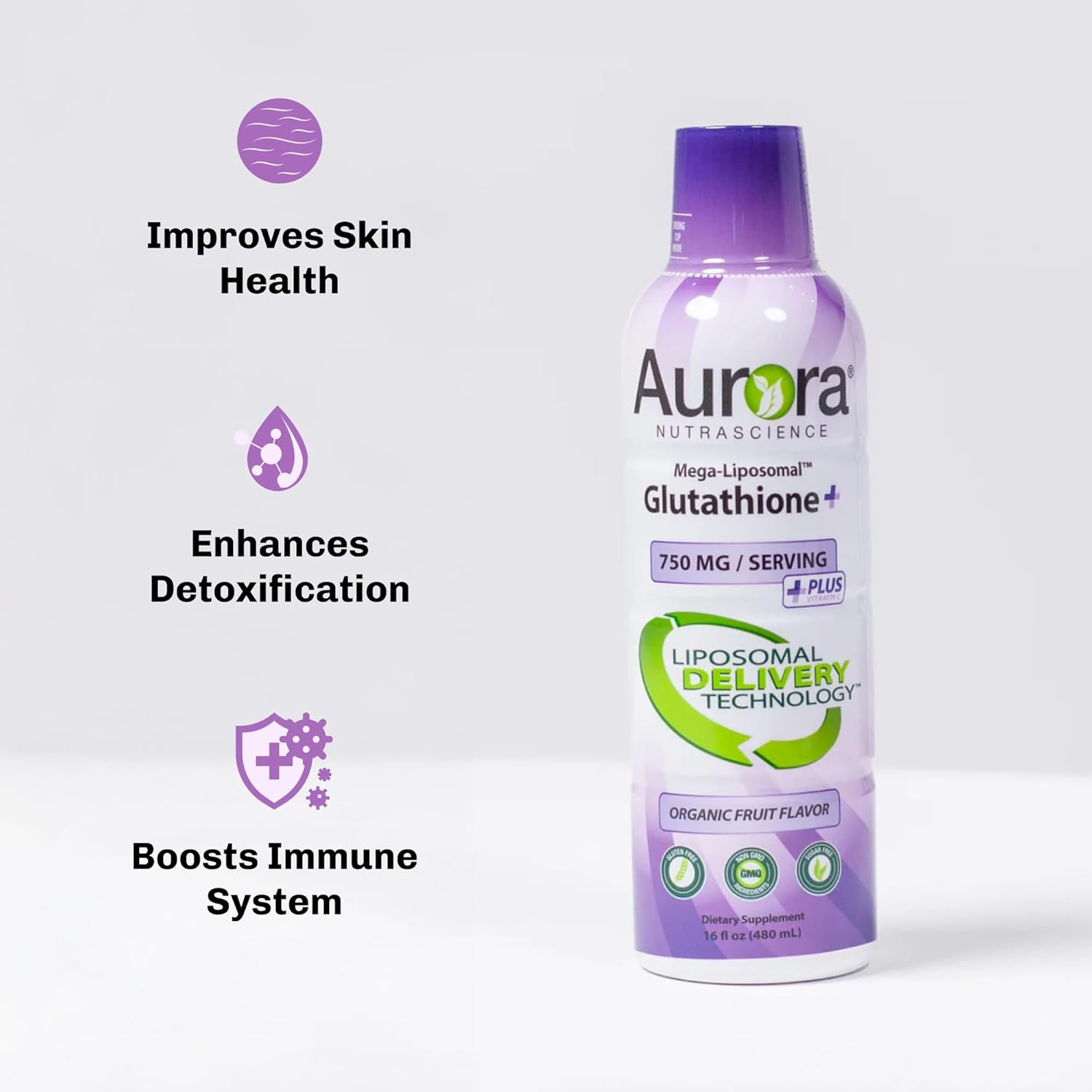 Vida Lifescience - Aurora Nutrascience Mega-Liposomal Glutathione + Vitamin C Organic Fruit Flavor - 16 Fl. Oz.