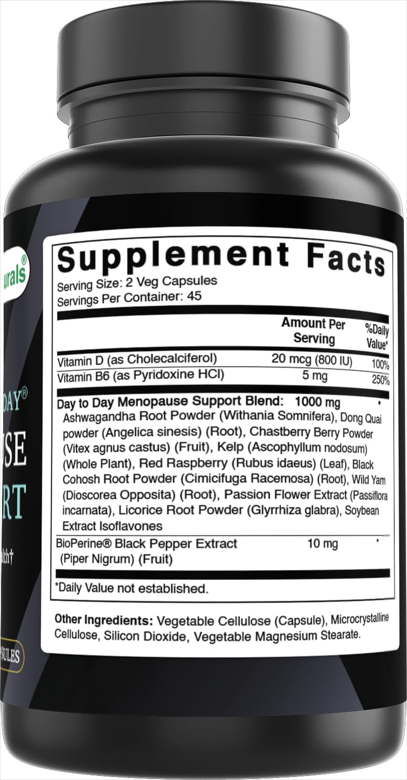 Best Naturals Day-To-Day Menopause Supplements for Women with Ashwagandha, Dong Quai, Chastberry, Kelp, Red Raspberry, Black Cohosh & Bioperine 90 Veg Capsules image number 1