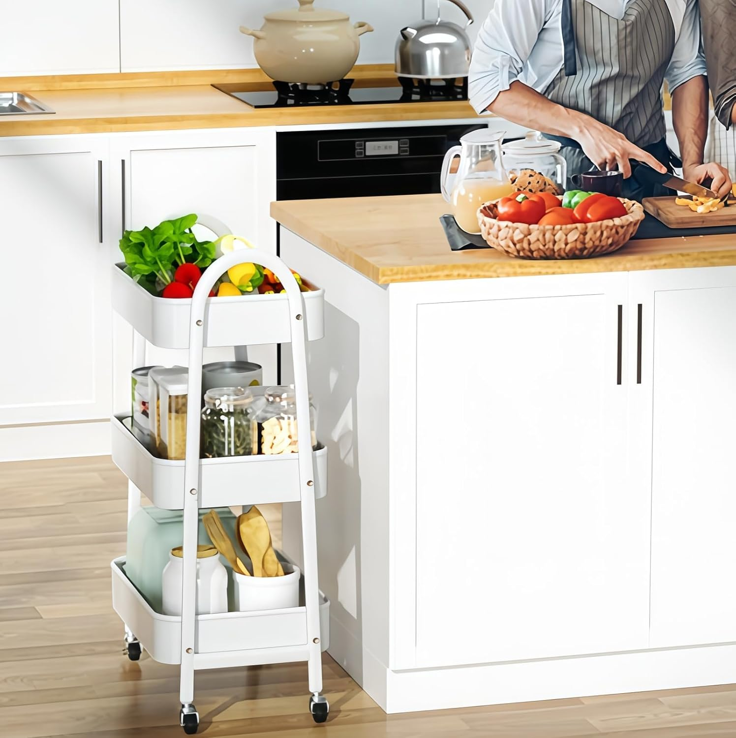 3-Tier Metal Rolling Cart with Lockable Caster Wheels - Lightweight Sturdy Utility Storage Organizer for Kitchen, Office, Bathroom, Narrow Places