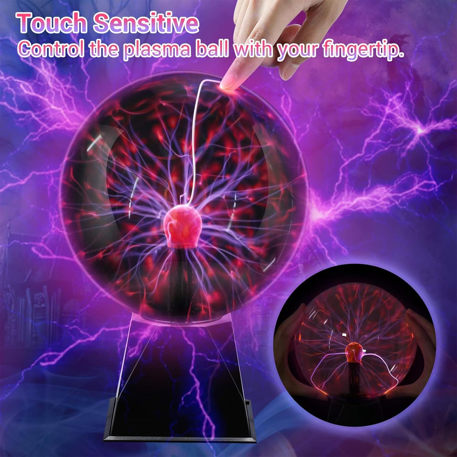 8 Inch Plasma Ball, Plasma Globe Touch & Sound Sensitive Plasma Ball Lamp, Electric Ball Lightning Novelty Light for Parties, Home, Prop, Decoration, Red image number 2