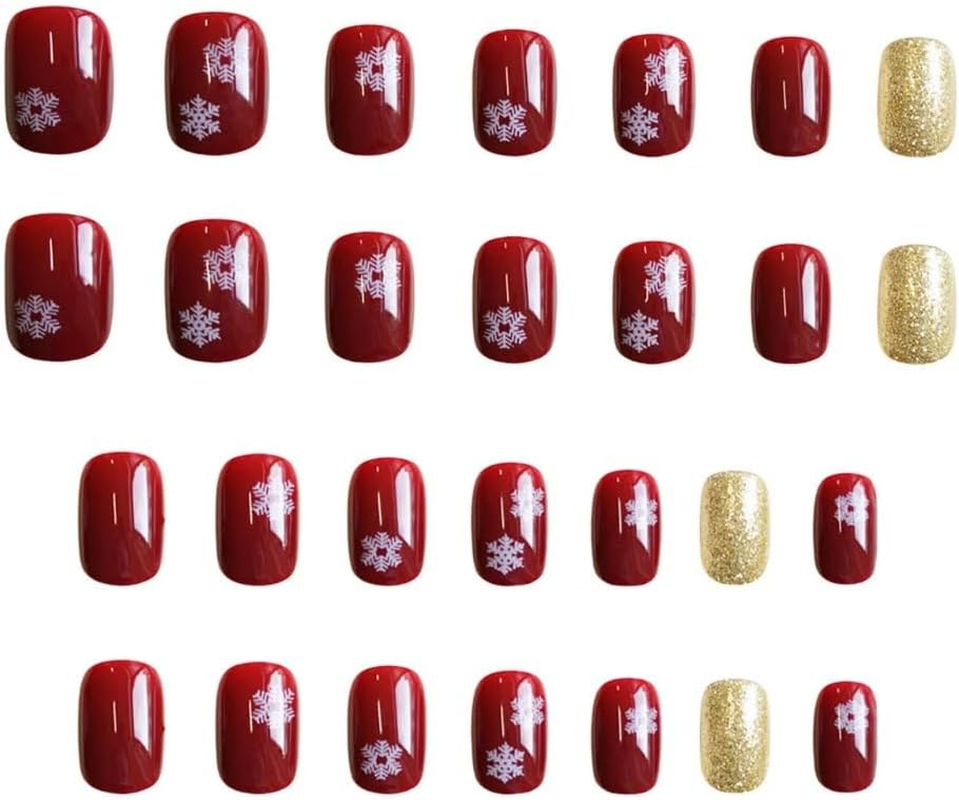 Ztcily Christmas Short Square Red and Gold False Nails with Glue for Women Girls Accessories or Gift Idea for Christmas New Year image number 1