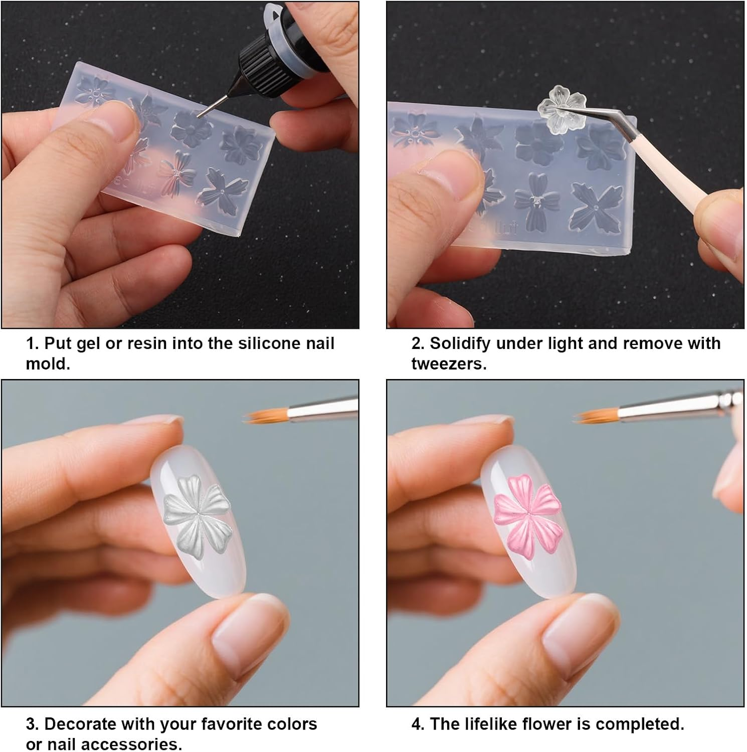 Lasuroa 2Pcs 3D Flower Silicone Nail Molds, Transparent Nail Charm Molds Flower Templates for Resin Epoxy Manicure Decor Accessories image number 6