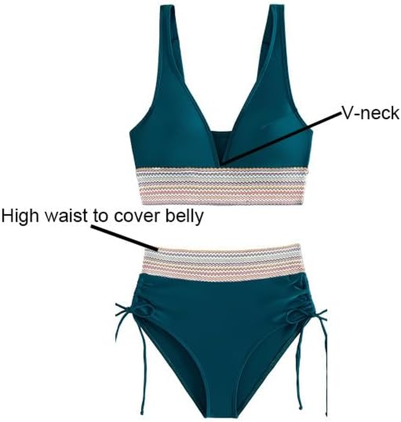 Sunny Salty Bikini Set for Women, Deep V Neck High Waisted Tummy Control Bikini Set for Women, Two Piece Sunny Salty Bathing Suit for Womens image number 1