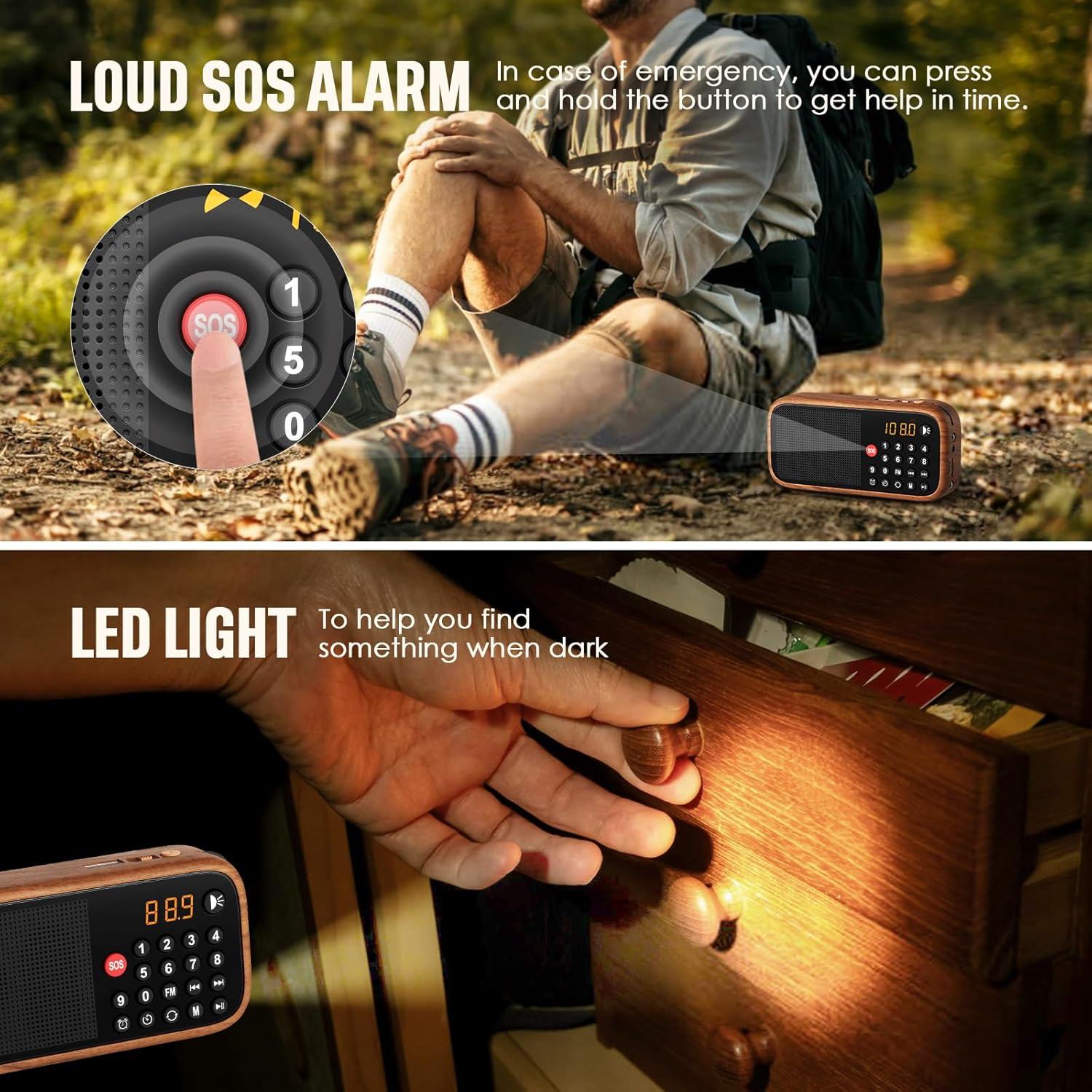 LEOTEC Rechargeable FM Radio with Bluetooth,Digital Radio,Portable Vintage Wood Table Alarm Clock Radios with 1800Mah Lithium Battery,Type-C Charging/Sos/Aux/Usb,Great for Seniors image number 4