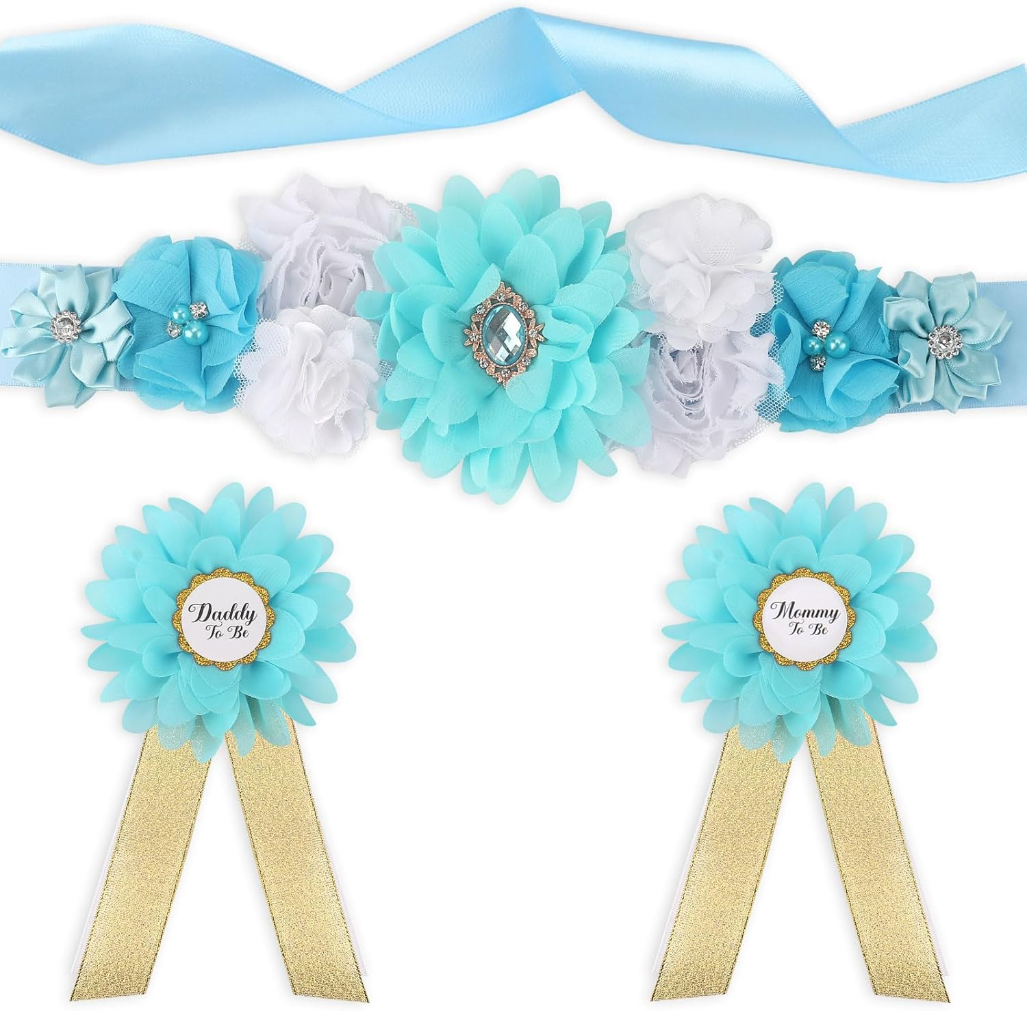 Blue Maternity Sash Corsage Set &ndash; Elegant 3PCS Baby Shower Floral Belly Band with Mommy to Be Daddy to Be Corsages for Gender Reveal and Pregnancy Celebration image number 4