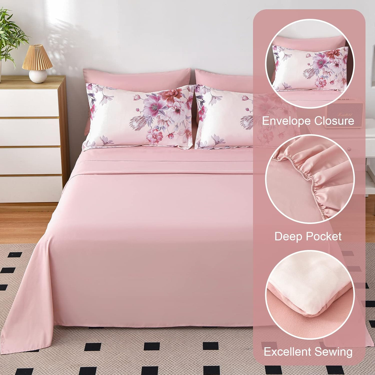 Floral Comforters Queen Size 7 Pieces Botanical Pink Bed in a Bag Ulter Soft Microfiber Bedding Set, Lightweight Bed Comforter Set with Sheets for All Season (Pink, Queen) image number 3