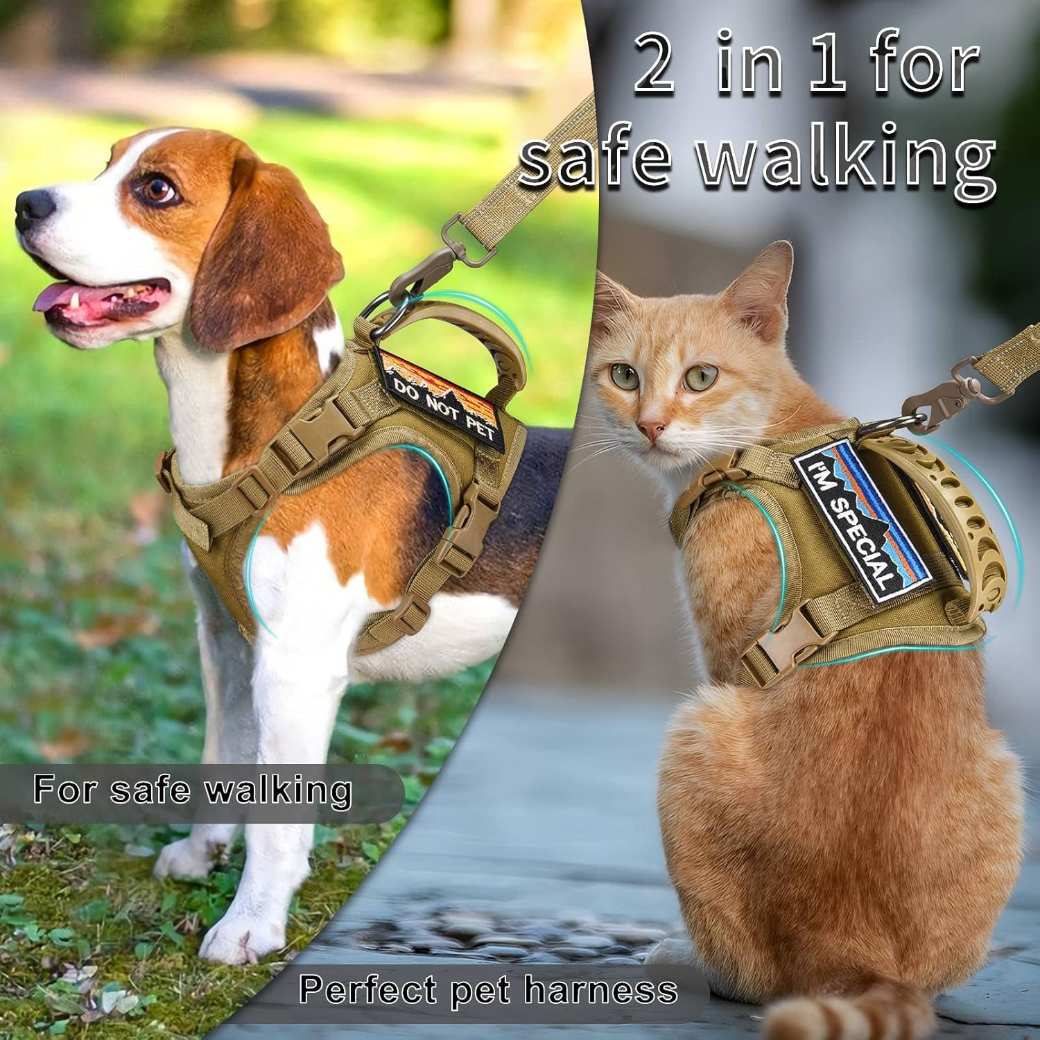 Nanappice Tactical Cat Harness and Leash for Walking Esacpe Proof,Adjustable Soft Mesh Large Cat Vest with Rubber Handle Easy to Control,Molle Pathes - Came Khaki image number 7