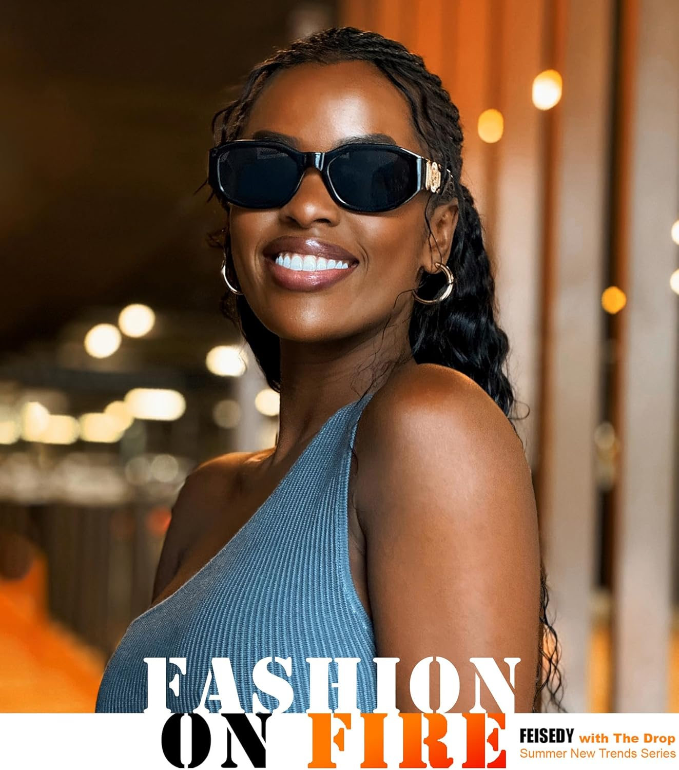 FEISEDY Retro Trendy Rectangle Sunglasses for Women Men Vintage 90S Small Narrow Square Shades B2322 - Black Frame/Grey Lens image number 5