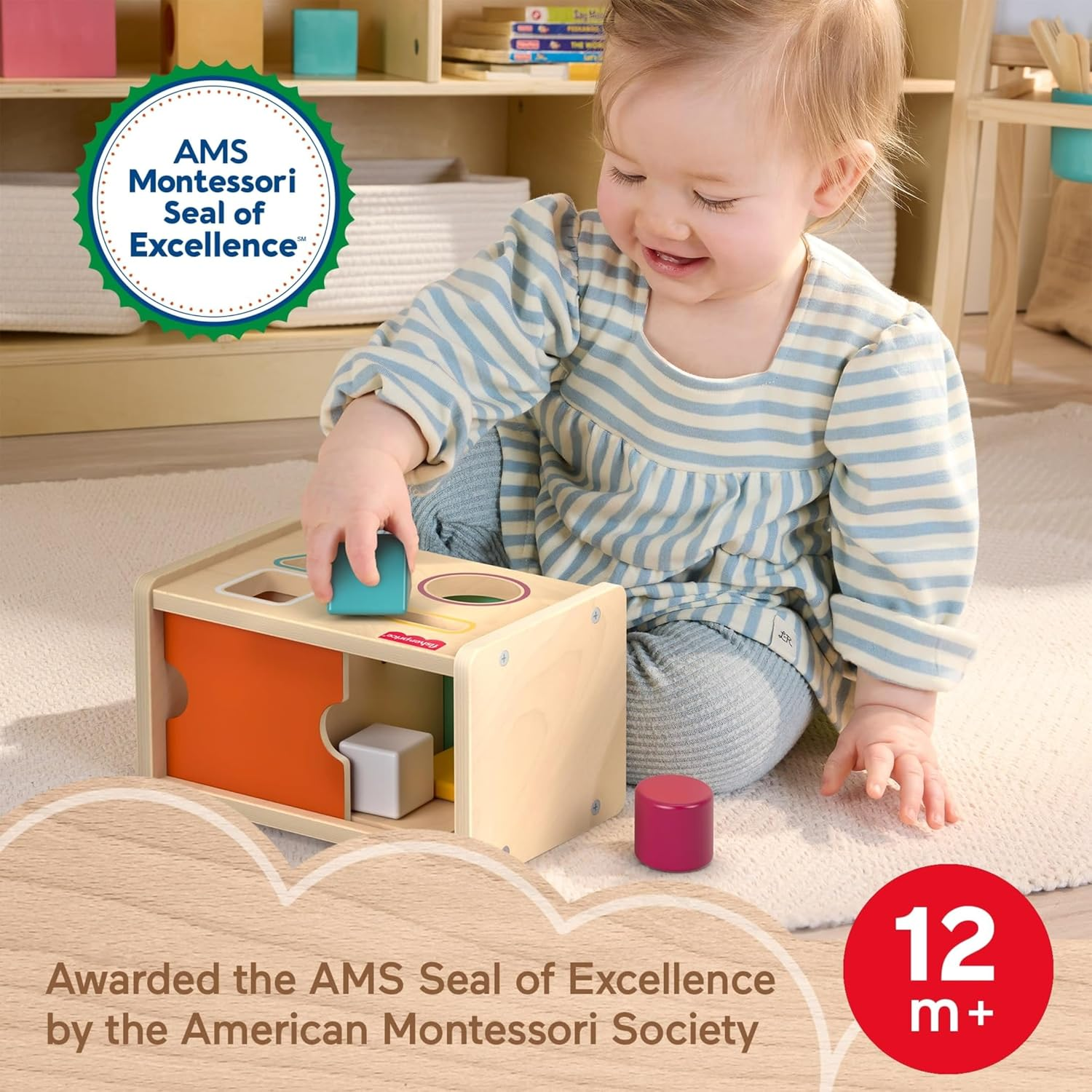 Fisher-Price Wood Montessori Toy Object Permanence Box Sort & Find, American Montessori Society Seal of Excellence, Wooden Shape-Sorter Learning Activity for Baby Ages 1+ Years (Amazon Exclusive)