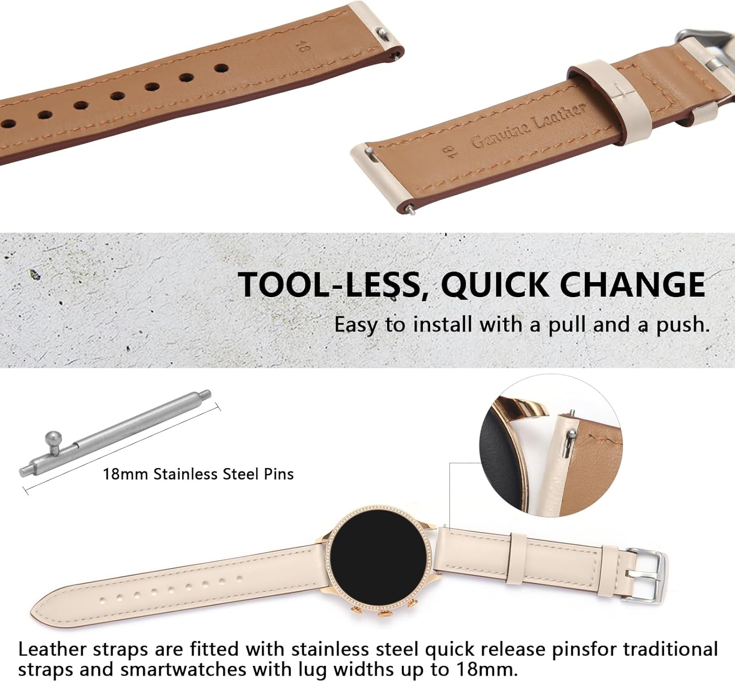 Leonids for Garmin Vivoactive 4S Band/Garmin Venu 3S Band, 18Mm Leather Watch Bands for Garmin Forerunner 265S/265S Music, Forerunner 255S/255S Music, Venu 2S/Vivomove 3S image number 4