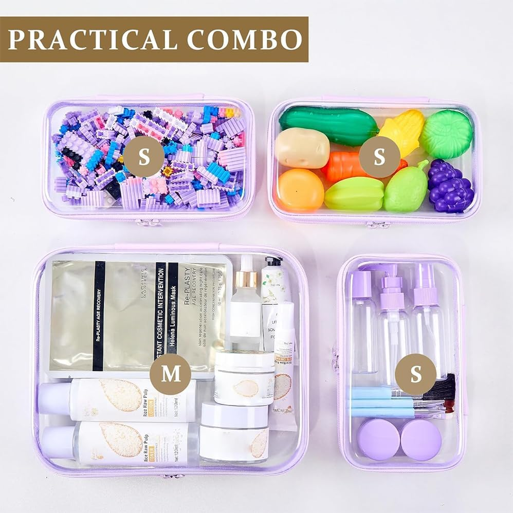 3 Pack Portable Waterproof Cosmetic Bag with Zipper, Small Medium Large Portable Travel Makeup Bag Organizer Bin, Clear Hard Shell Zipper Case for Cosmetic Storage, Putting Snacks(Purple) image number 6