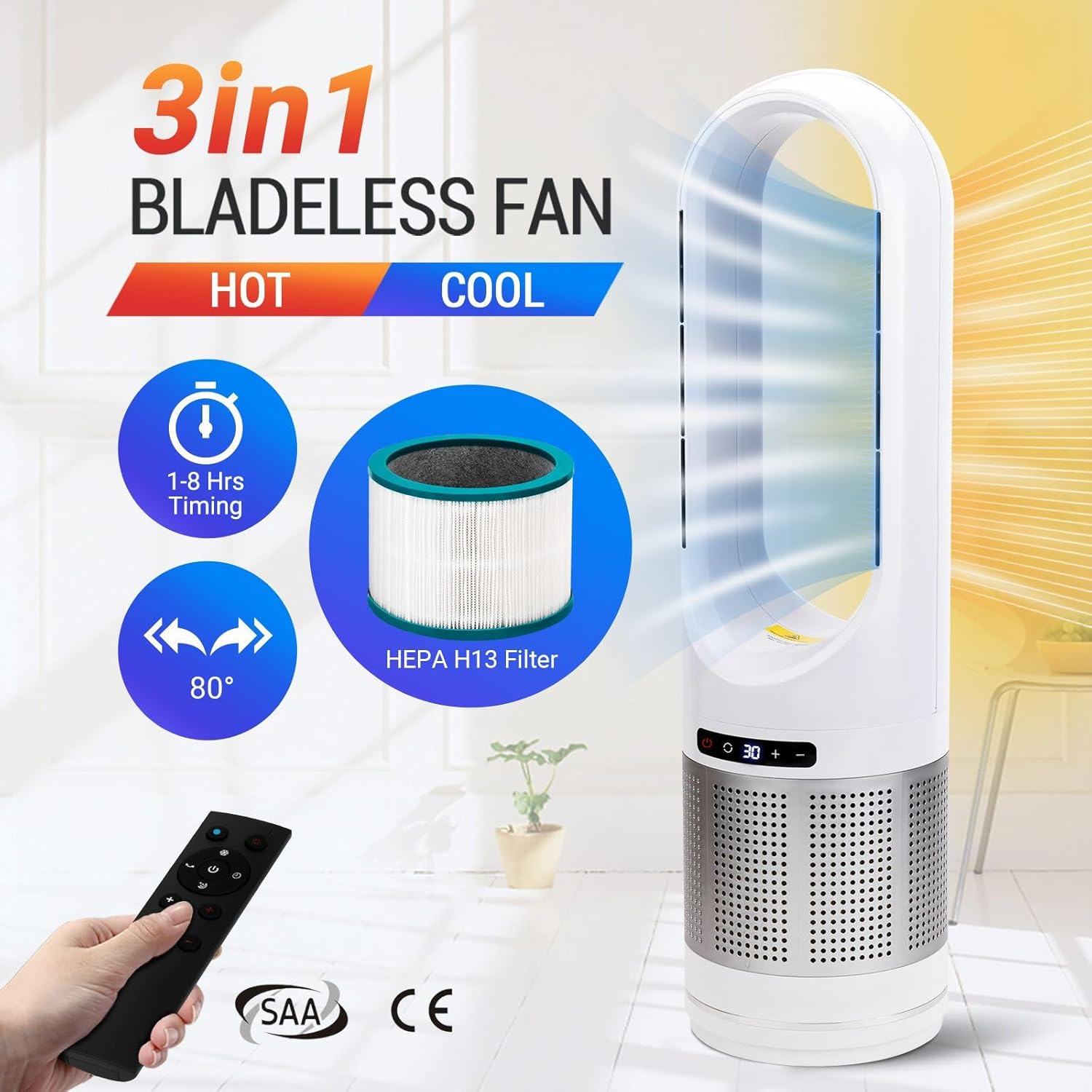 3In1 Tower Fan Heater Cooler Electric Bladeless Oscillating Space Hot Cool Air HEPA Filter Purifier Timer - 046Jr image number 3